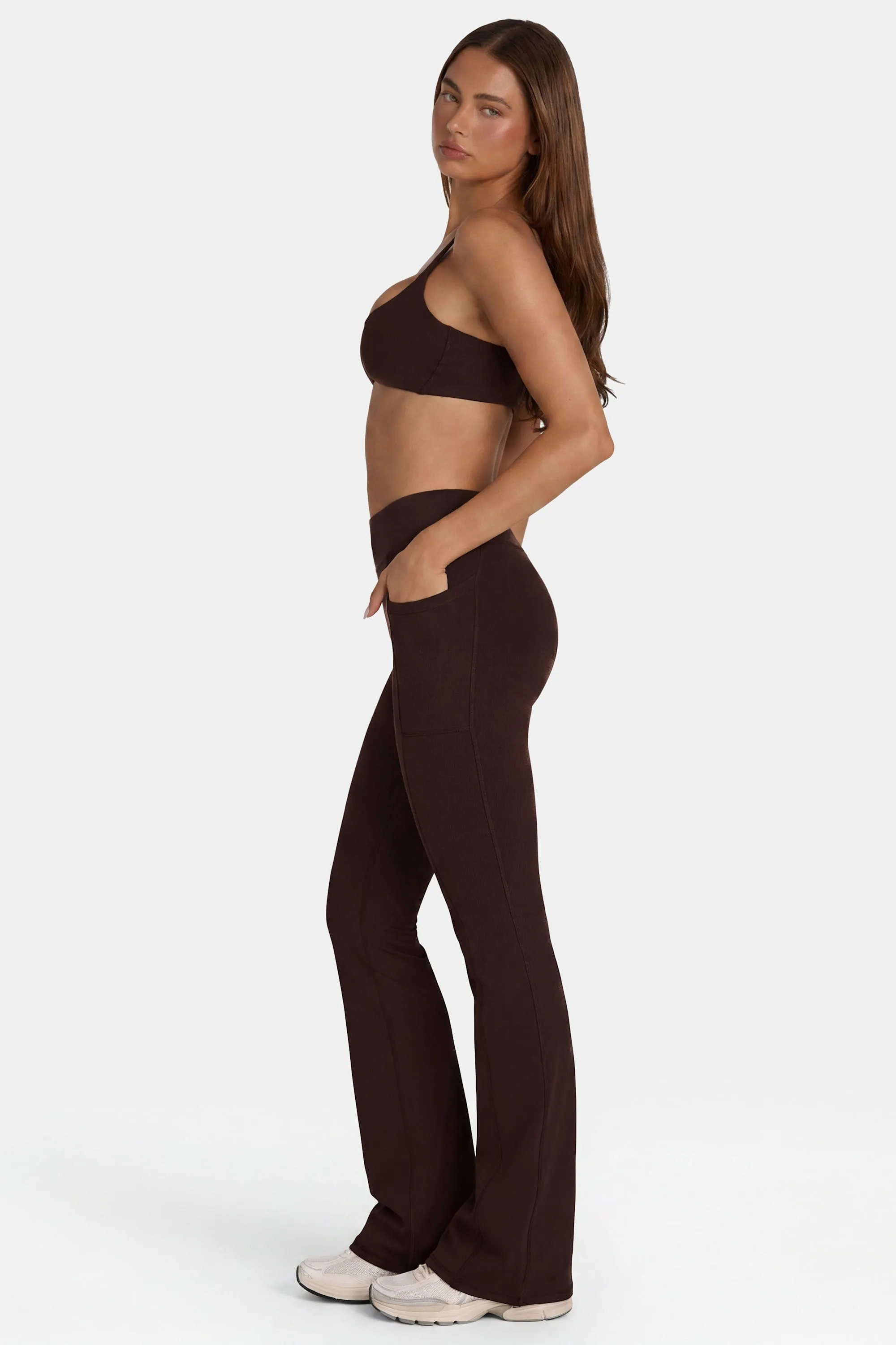 Soft Active V-Waist Flared Leggings in Espresso sold by Oh Polly product image thumbnail 3