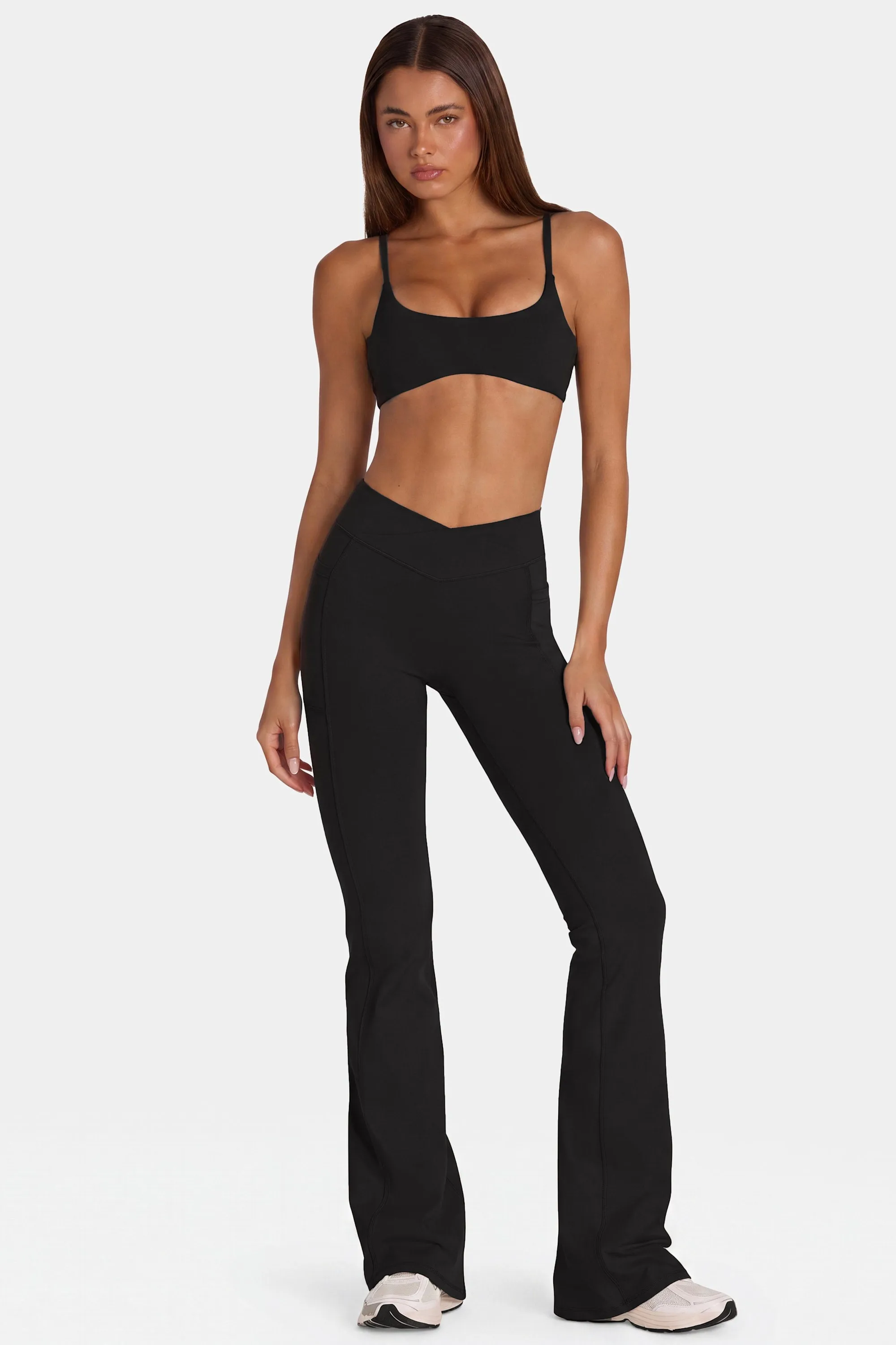 Soft Active V-Waist Flared Leggings in Black sold by Oh Polly