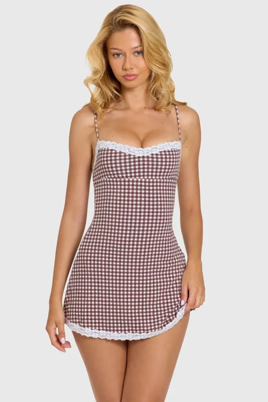 Modal Lace-Trim Mini Dress in Brown Gingham made by Oh Polly