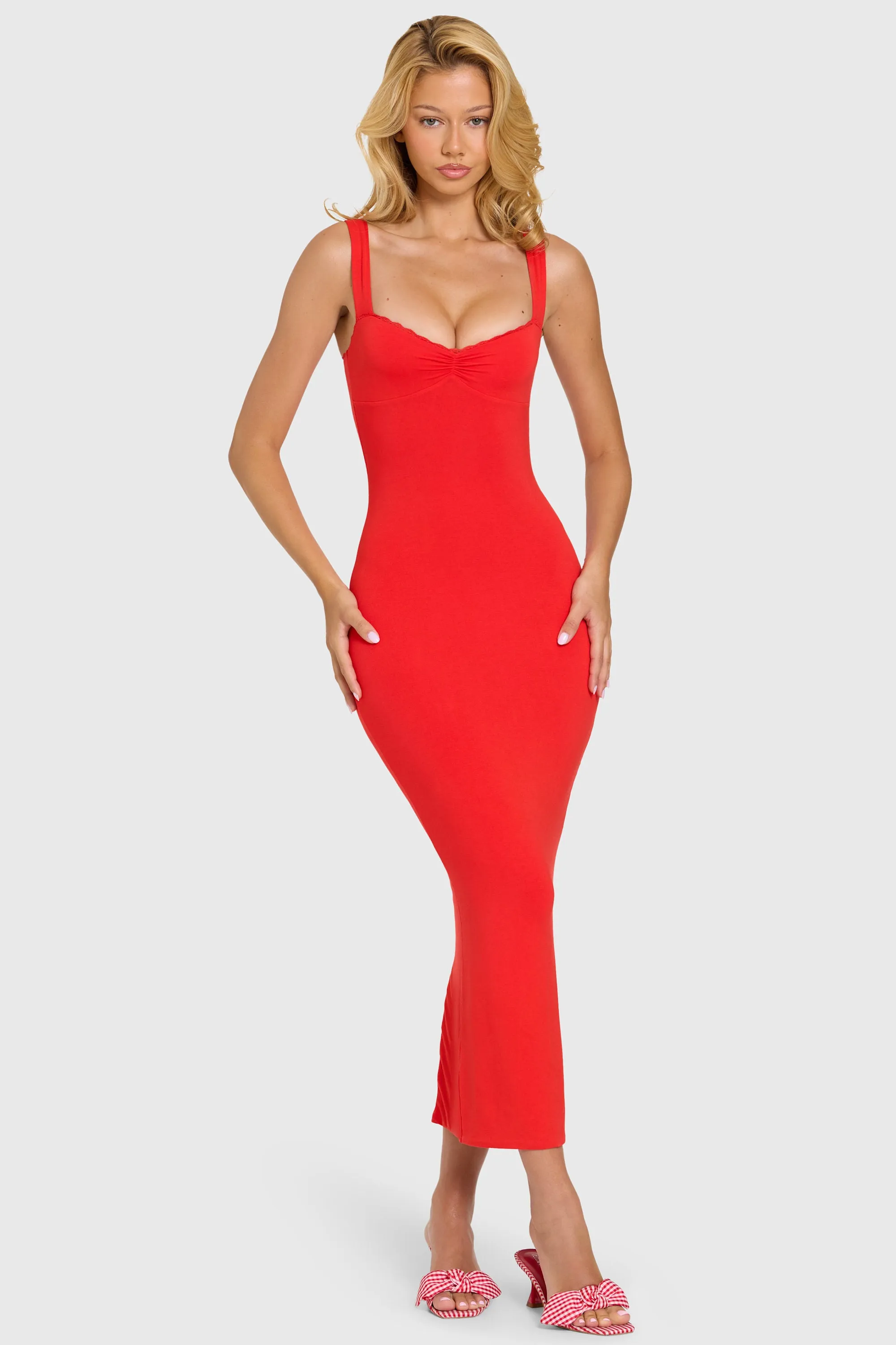 Modal Lace-Trim Midaxi Dress in Cherry sold by Oh Polly