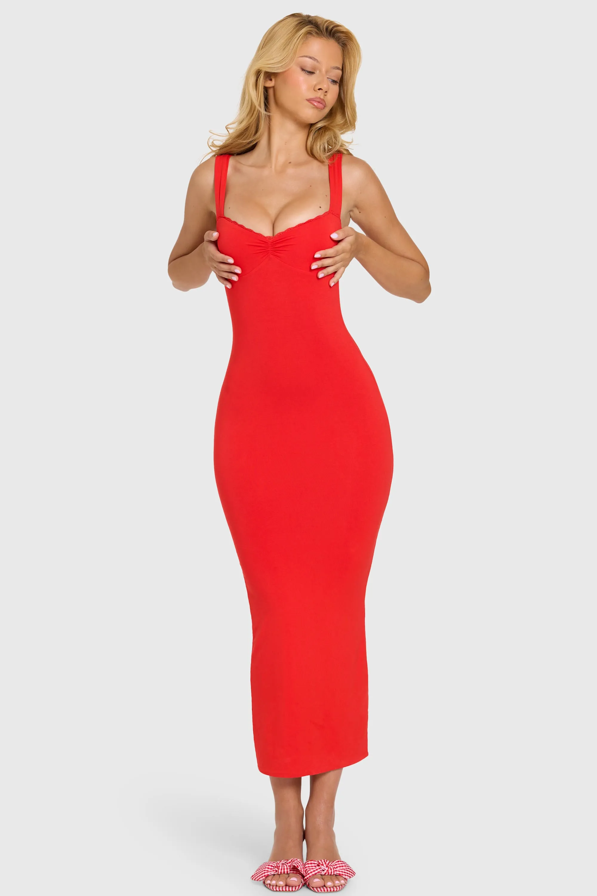 Modal Lace-Trim Midaxi Dress in Cherry sold by Oh Polly product image thumbnail 5