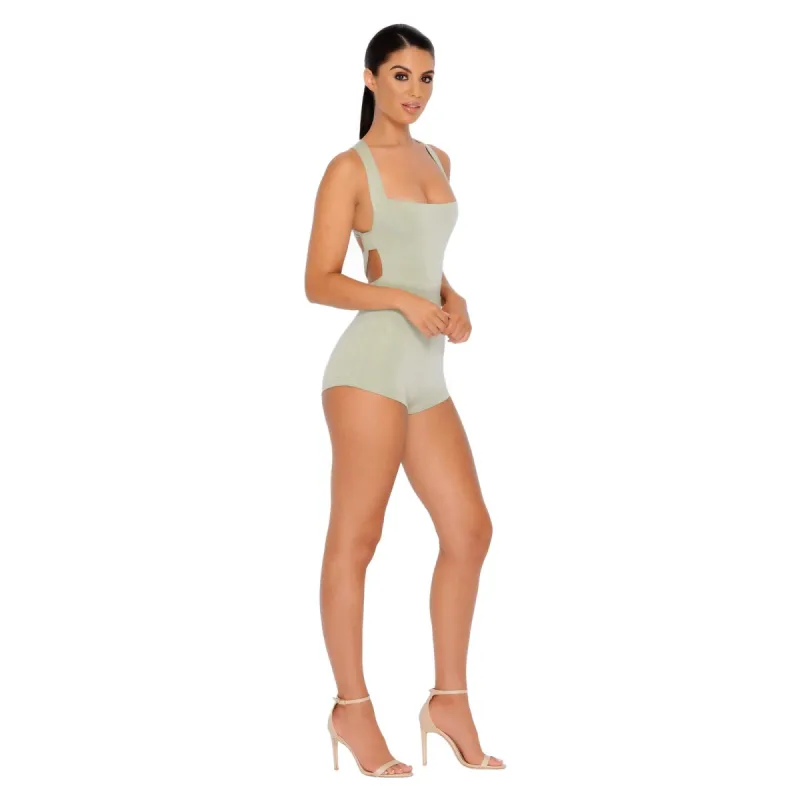 Play The Field Double Layered Halter Neck Playsuit in Sage sold by Oh Polly