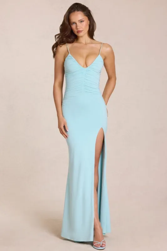 Deep V-Neck Maxi Dress in Light Blue made by Oh Polly