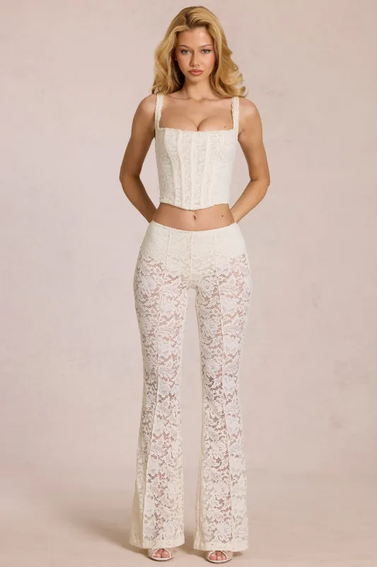 Sheer Lace Mid-Rise Flared Trousers in Pearl made by Oh Polly