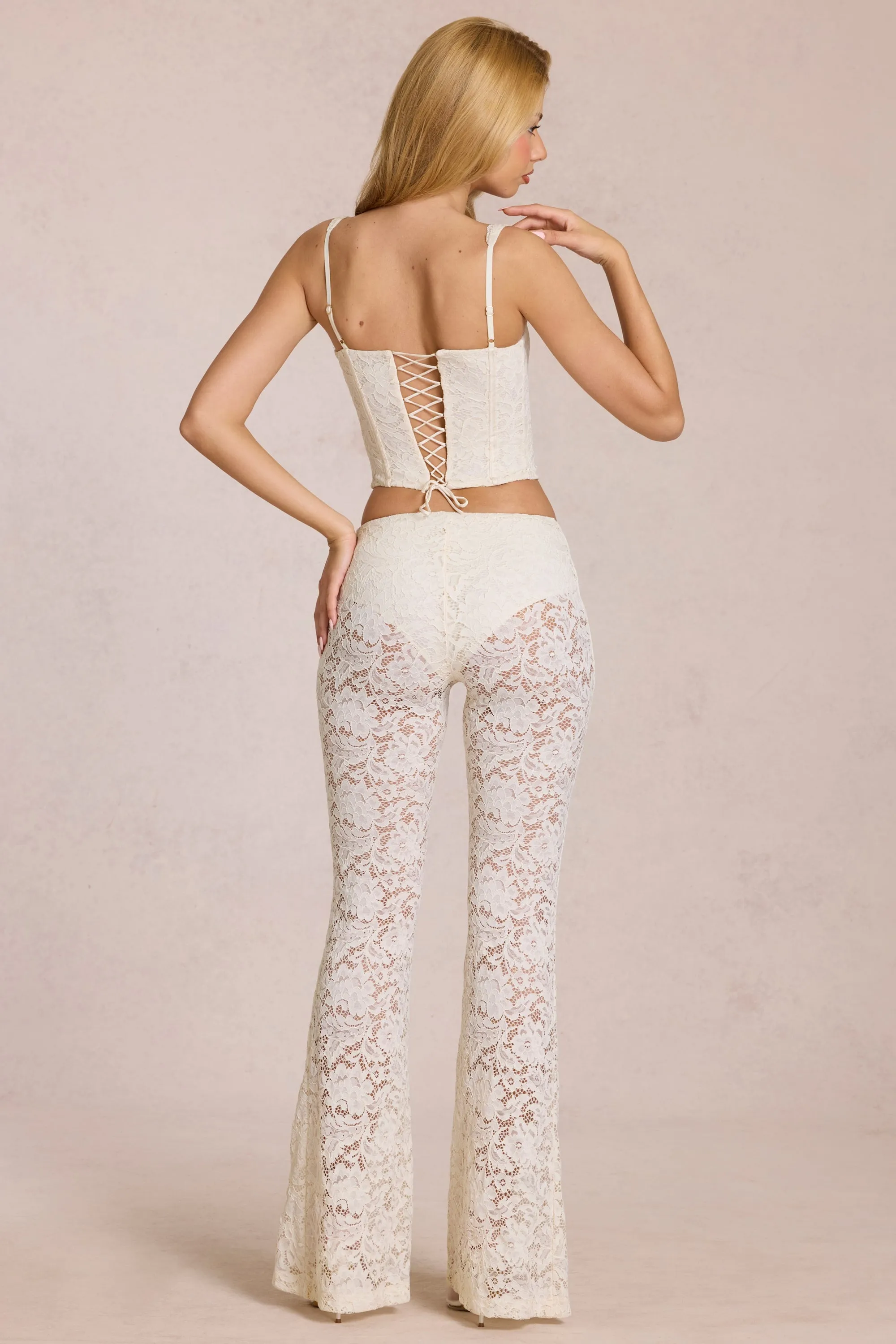Sheer Lace Mid-Rise Flared Trousers in Pearl sold by Oh Polly product image thumbnail 2