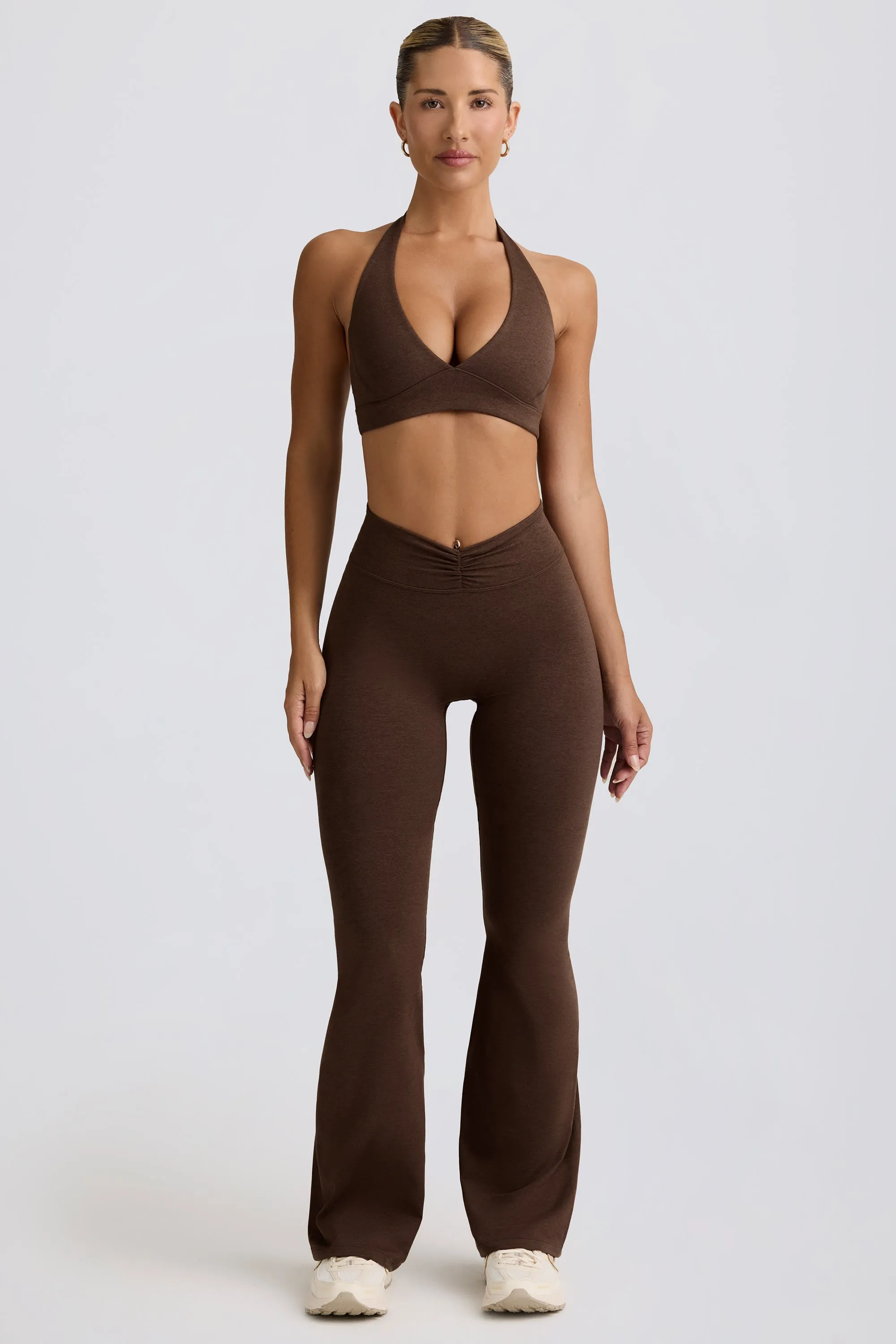 Brushed Jersey Ruched Flared Trousers in Pecan Marl sold by Oh Polly product image thumbnail 4