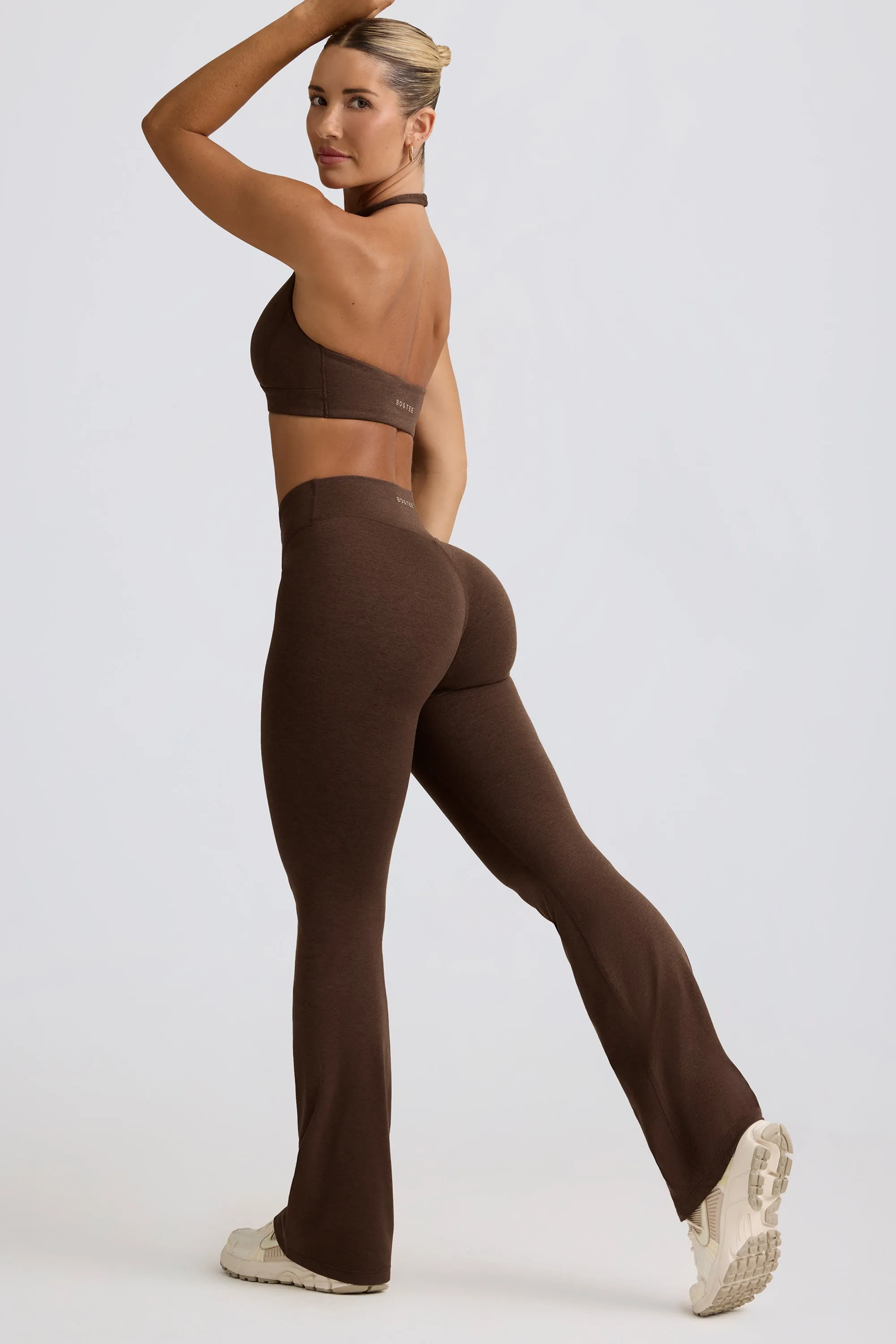 Brushed Jersey Ruched Flared Trousers in Pecan Marl sold by Oh Polly