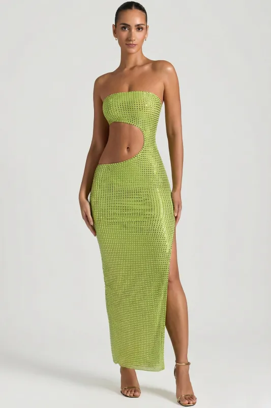 Embellished Cut-Out Bandeau Maxi Dress in Pear Green made by Oh Polly