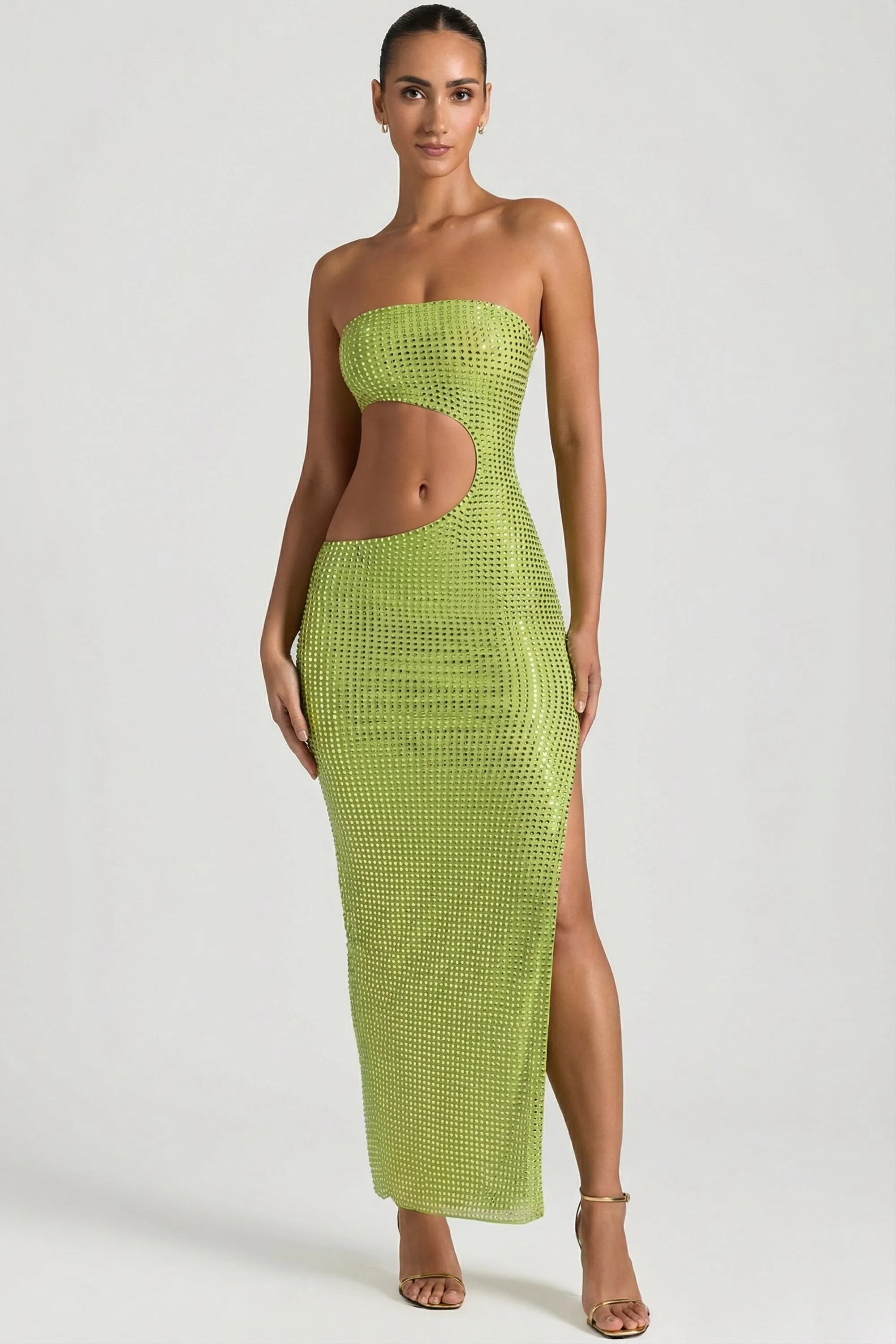 Embellished Cut-Out Bandeau Maxi Dress in Pear Green sold by Oh Polly