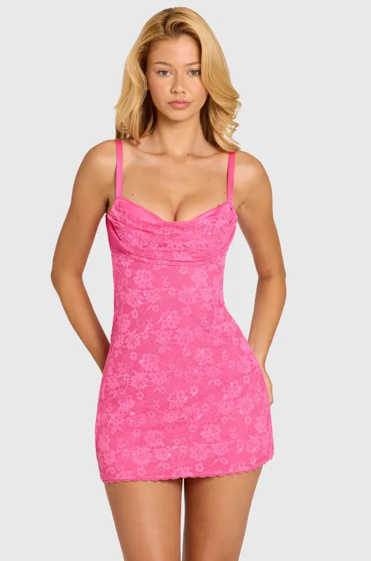 Sequin Lace Tie-Back Mini Dress in Raspberry made by Oh Polly