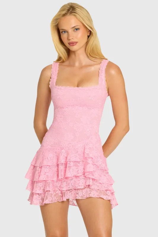 Sequin Lace Ruffle Mini Dress in Blossom made by Oh Polly