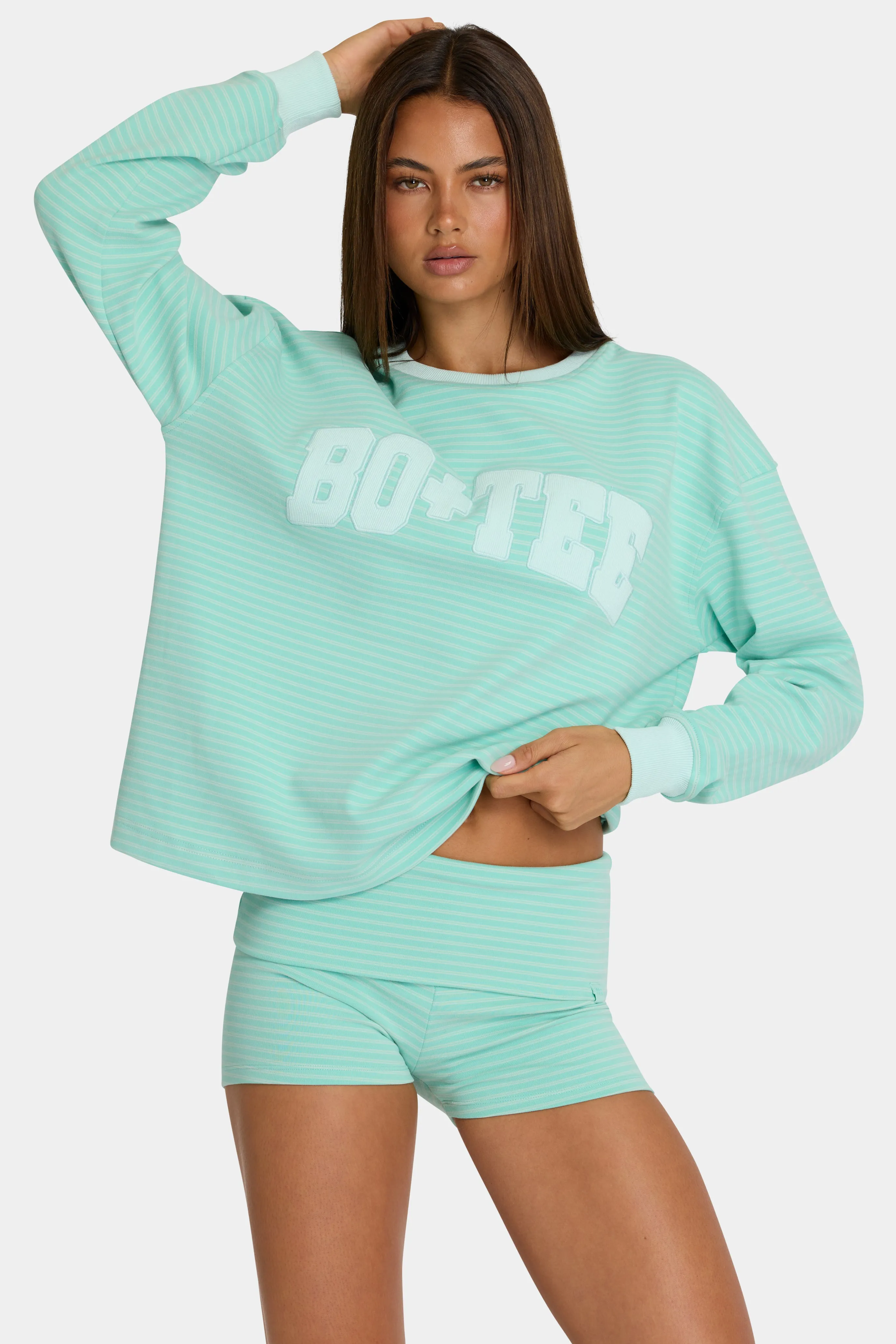Brushed Jersey Crewneck Sweatshirt in Aqua Stripe sold by Oh Polly product image thumbnail 5