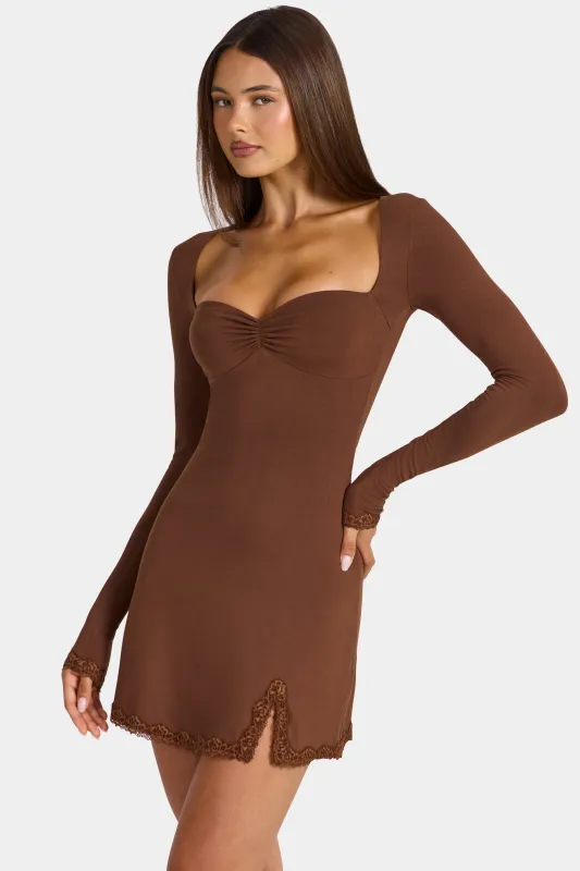 Modal Lace-Trim Long-Sleeve Mini Dress in Cocoa Brown made by Oh Polly