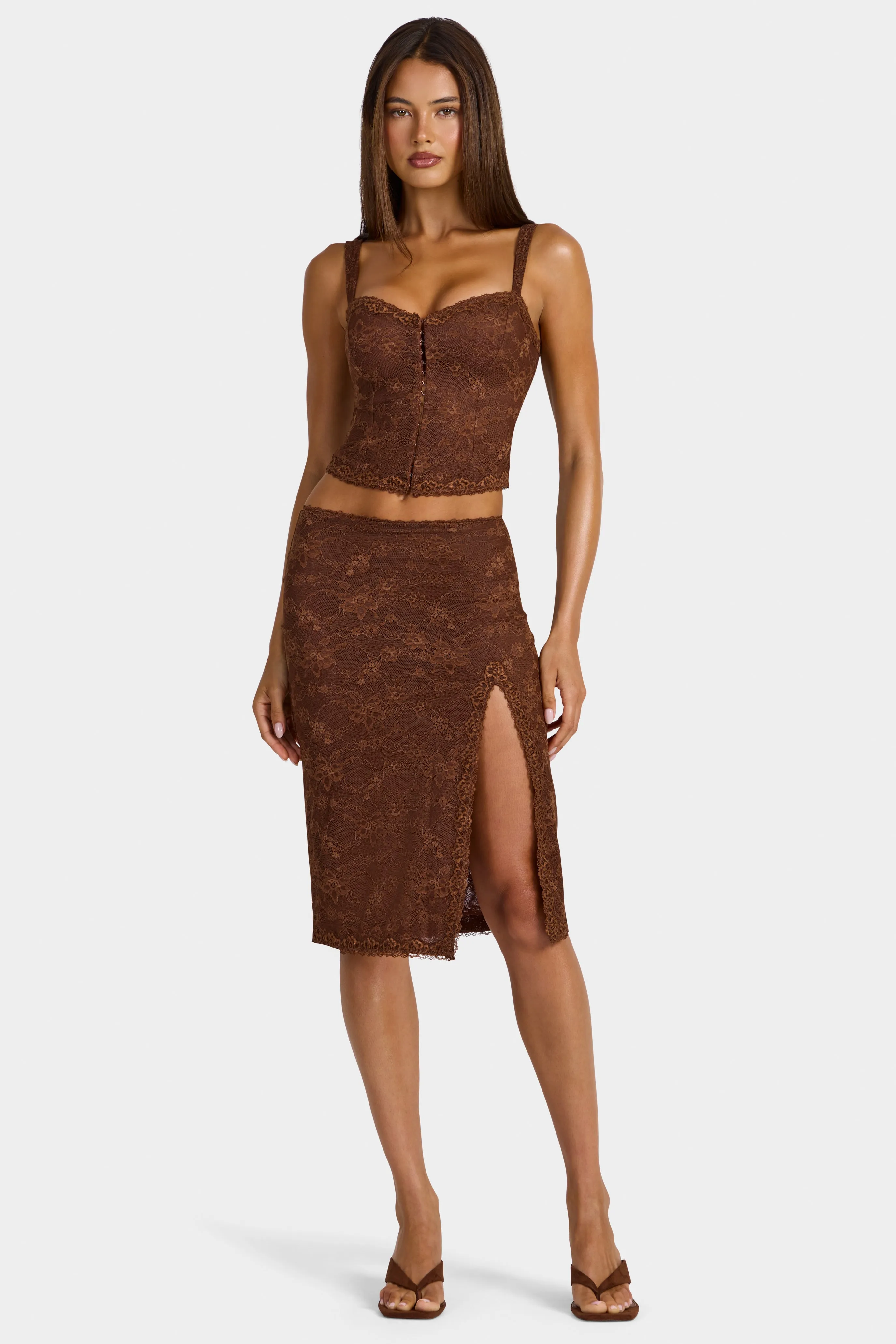 Lace Low-Rise Midi Skirt in Cocoa Brown sold by Oh Polly product image thumbnail 5