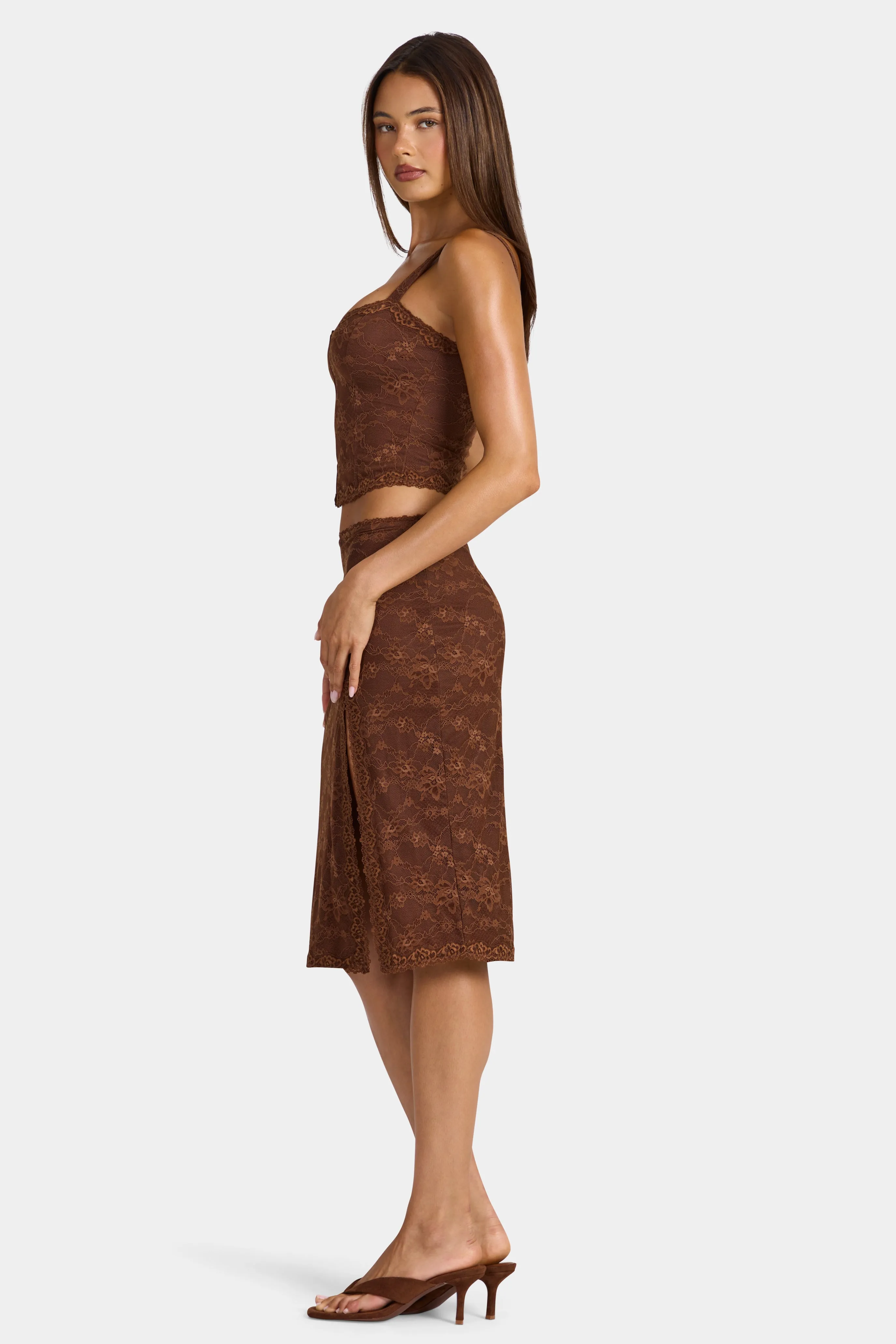 Lace Low-Rise Midi Skirt in Cocoa Brown sold by Oh Polly product image thumbnail 3