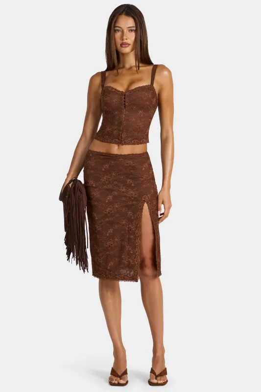Lace Low-Rise Midi Skirt in Cocoa Brown made by Oh Polly