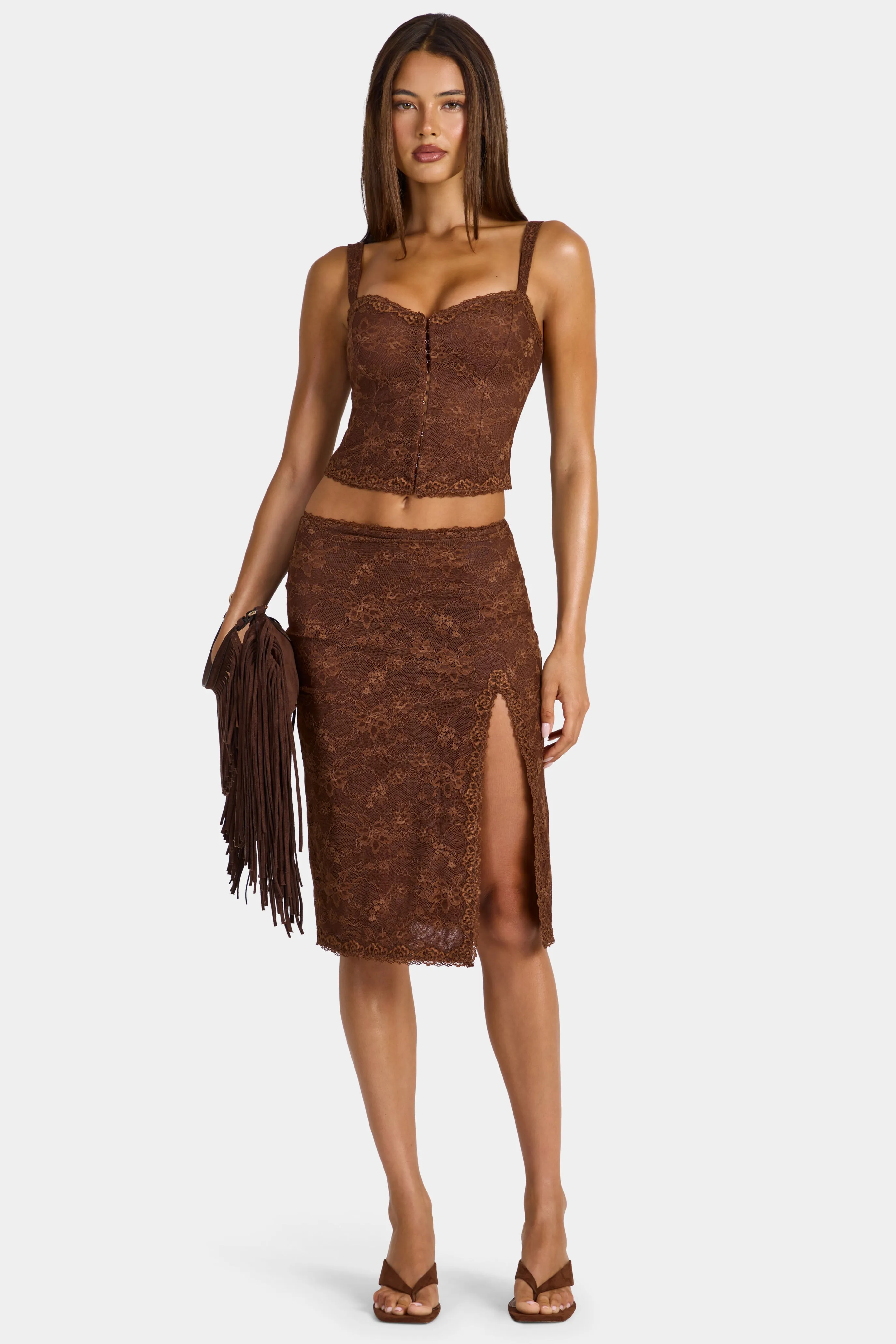 Lace Low-Rise Midi Skirt in Cocoa Brown sold by Oh Polly