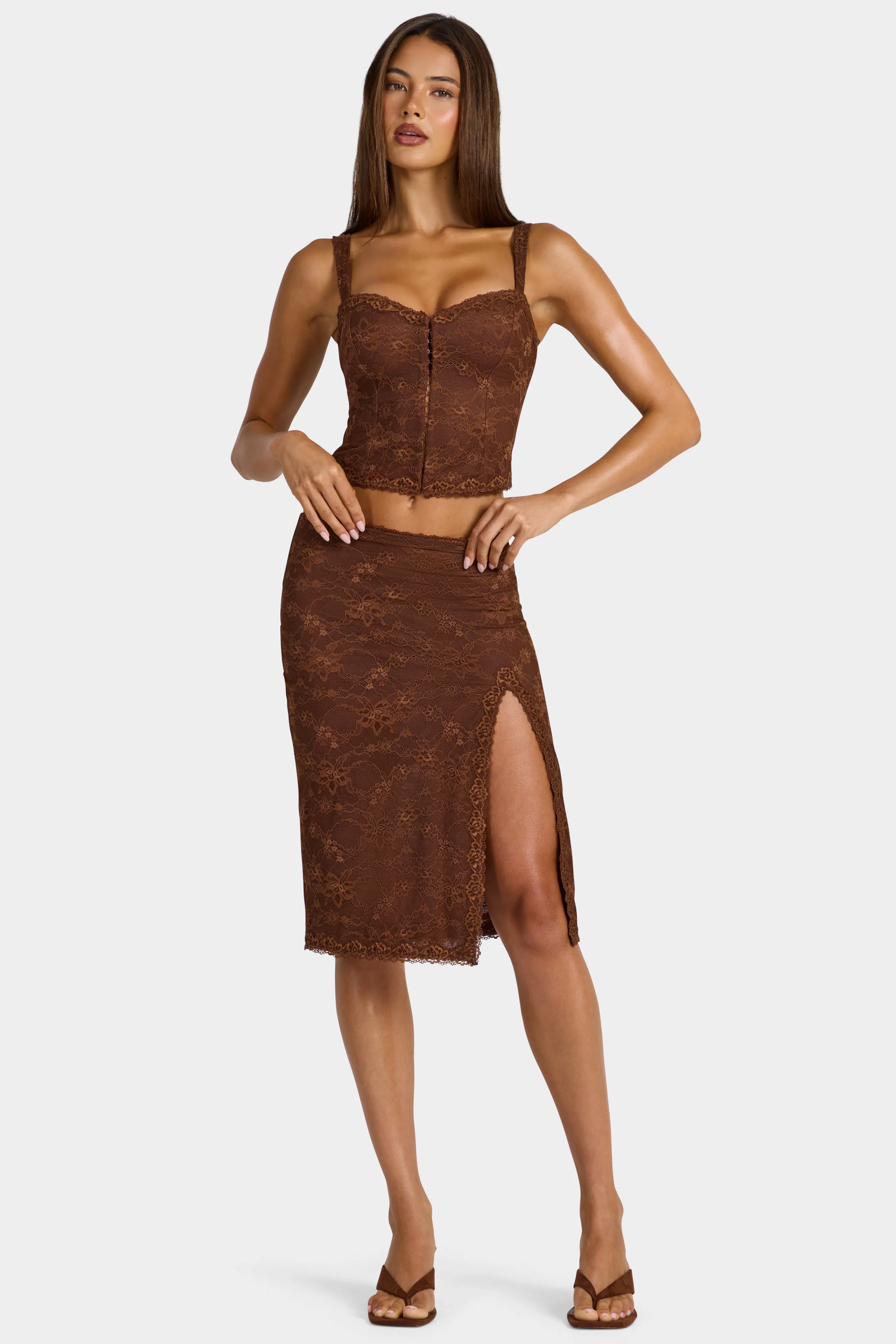 Lace Low-Rise Midi Skirt in Cocoa Brown sold by Oh Polly product image thumbnail 4