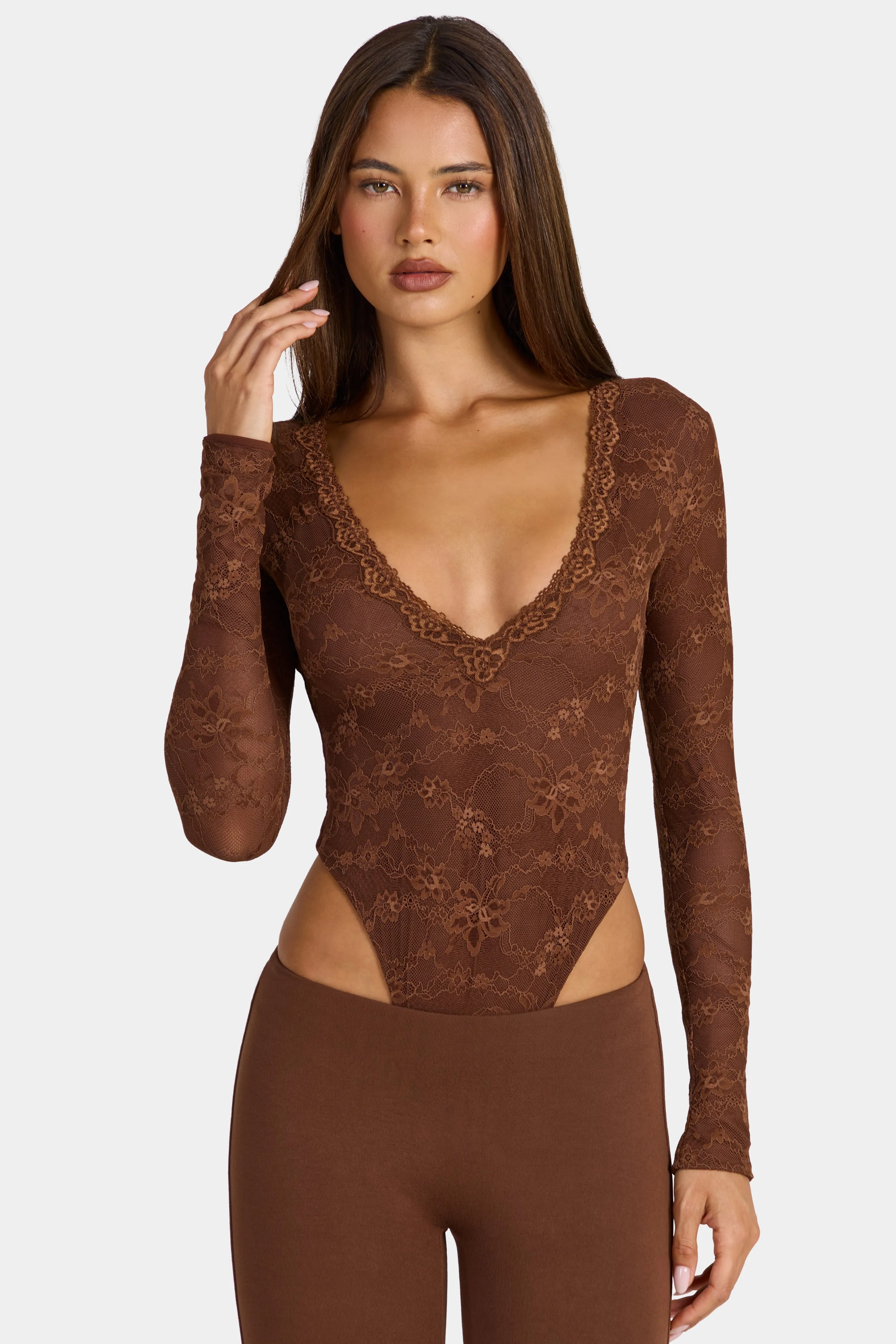 Lace Long-Sleeve Bodysuit in Cocoa Brown sold by Oh Polly product image thumbnail 5
