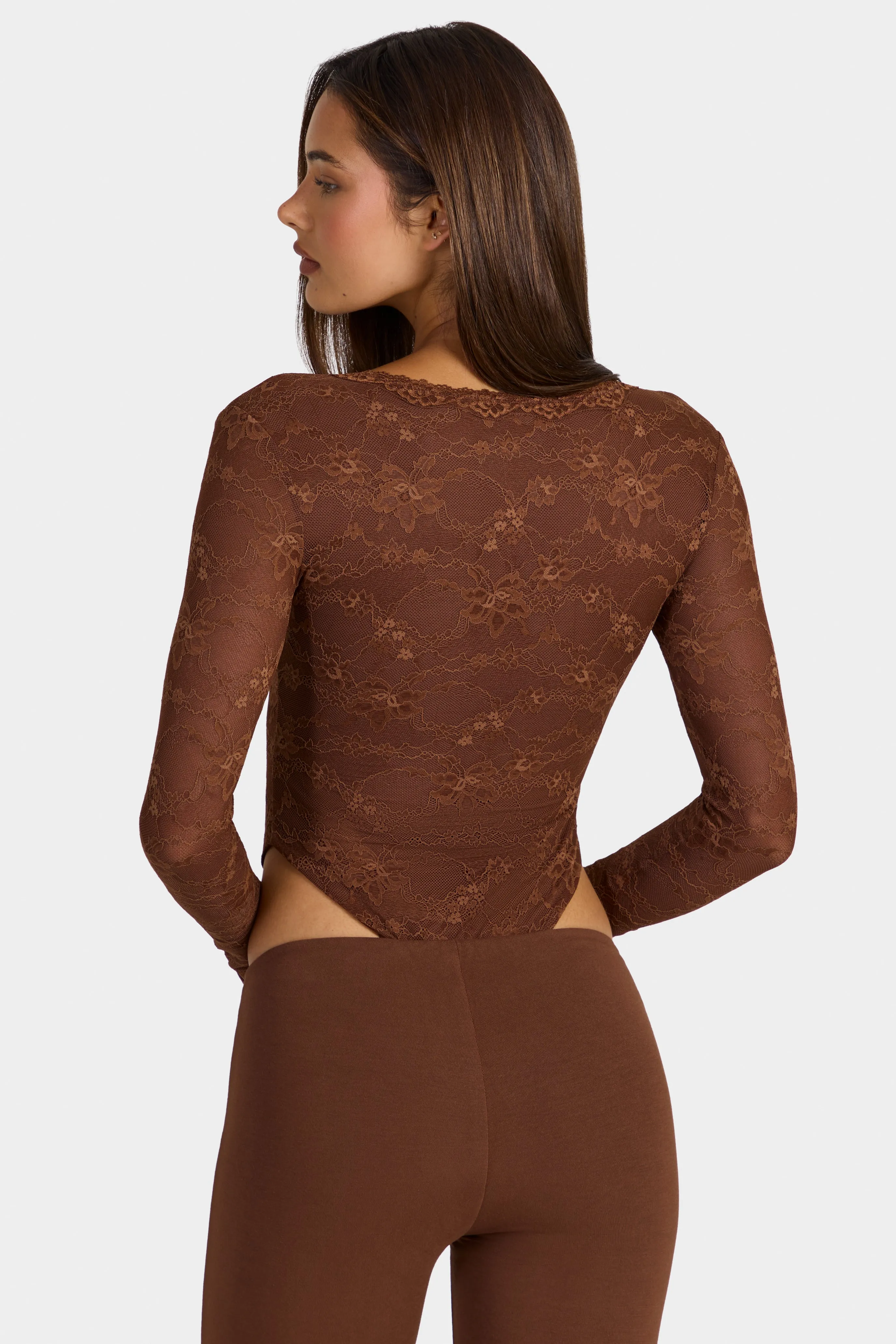 Lace Long-Sleeve Bodysuit in Cocoa Brown sold by Oh Polly product image thumbnail 3