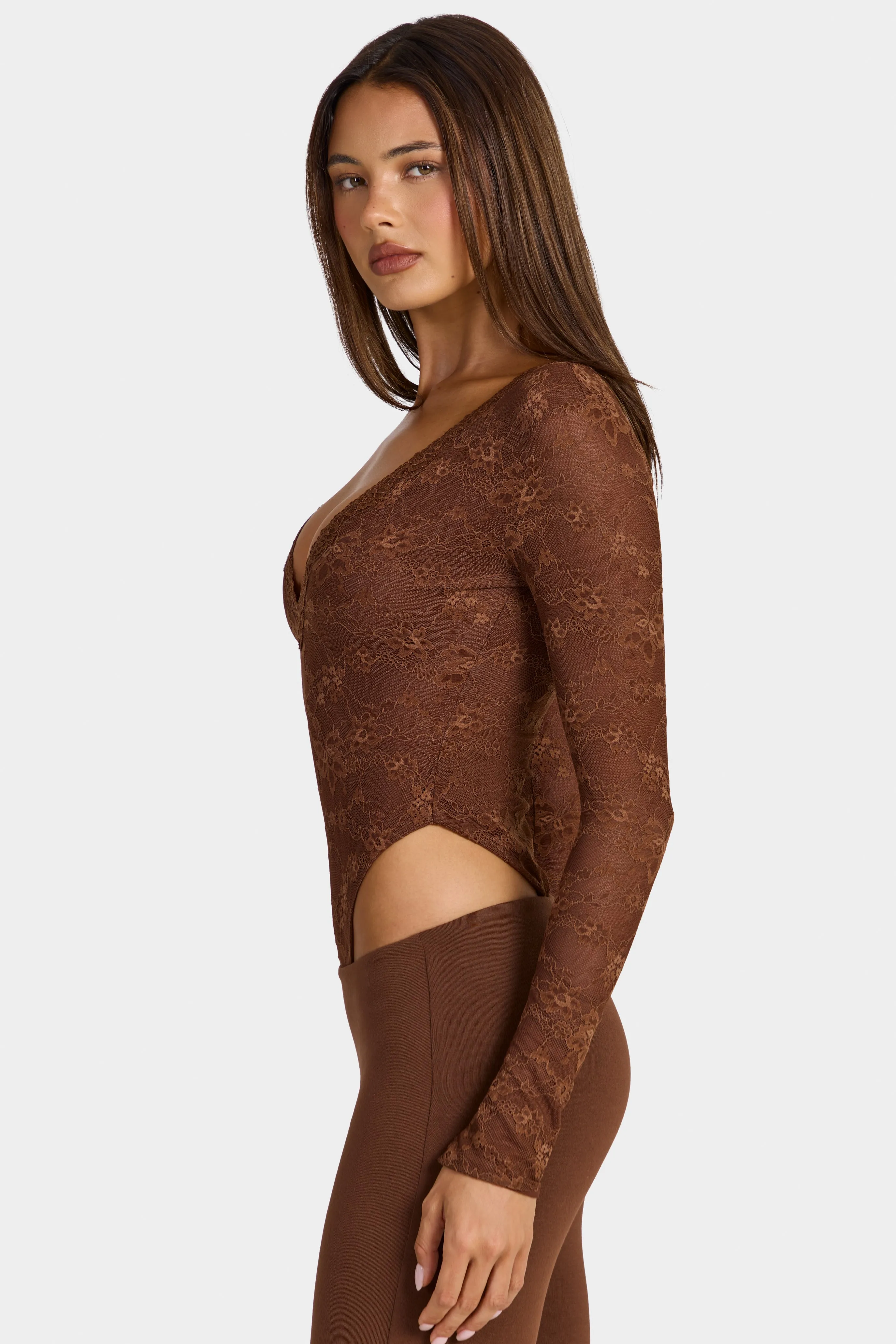 Lace Long-Sleeve Bodysuit in Cocoa Brown sold by Oh Polly product image thumbnail 4