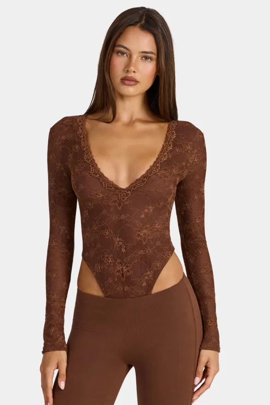 Lace Long-Sleeve Bodysuit in Cocoa Brown made by Oh Polly