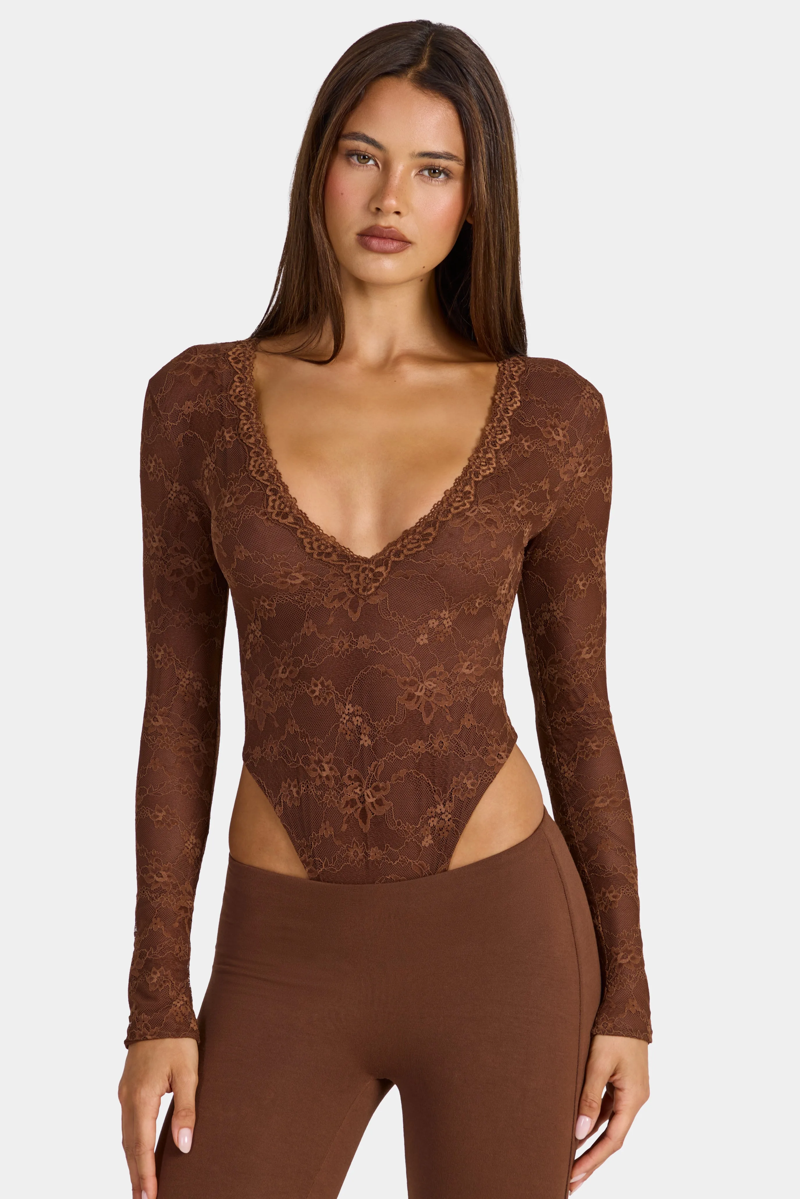 Lace Long-Sleeve Bodysuit in Cocoa Brown sold by Oh Polly