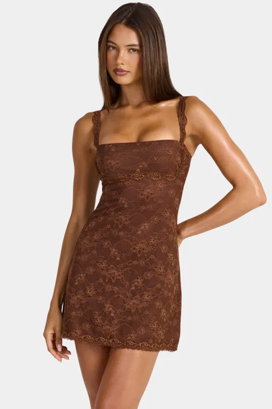 Lace Mini Dress in Cocoa Brown made by Oh Polly