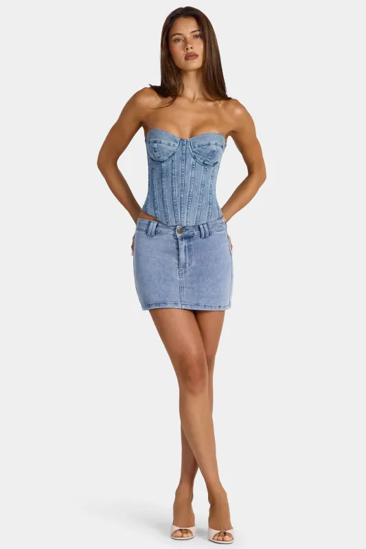 Low-Rise Denim Mini Skirt in Mid-Blue made by Oh Polly