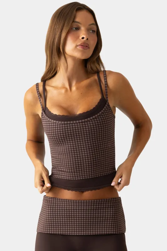Soft Active Double-Layer Tank Top in Espresso Gingham made by Bo + Tee
