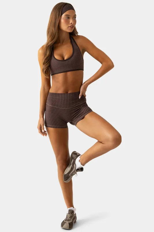 Soft Active Mini Shorts in Espresso Gingham made by Bo + Tee
