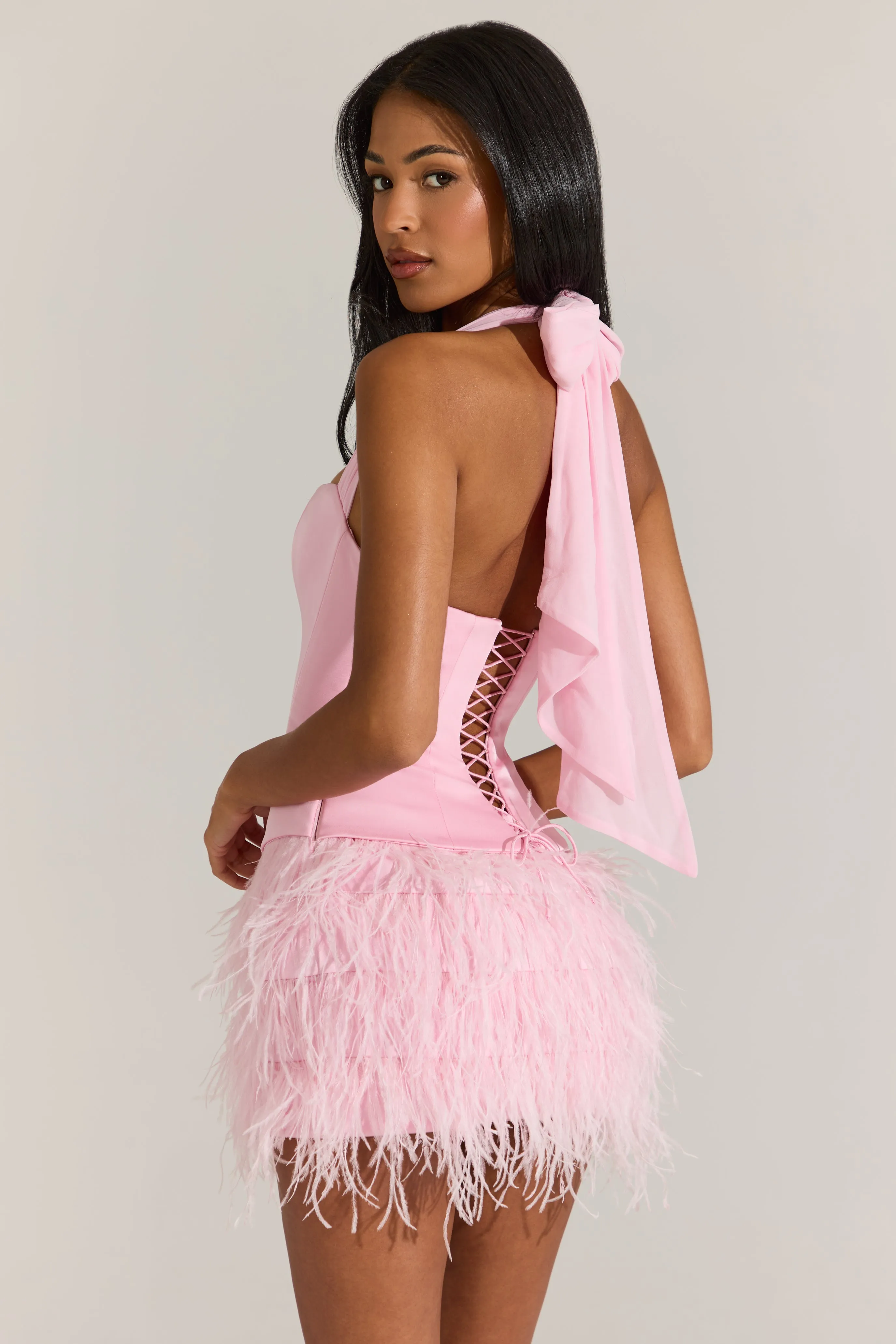 Satin Corset Feathered Mini Dress in Blossom Pink sold by Oh Polly product image thumbnail 2