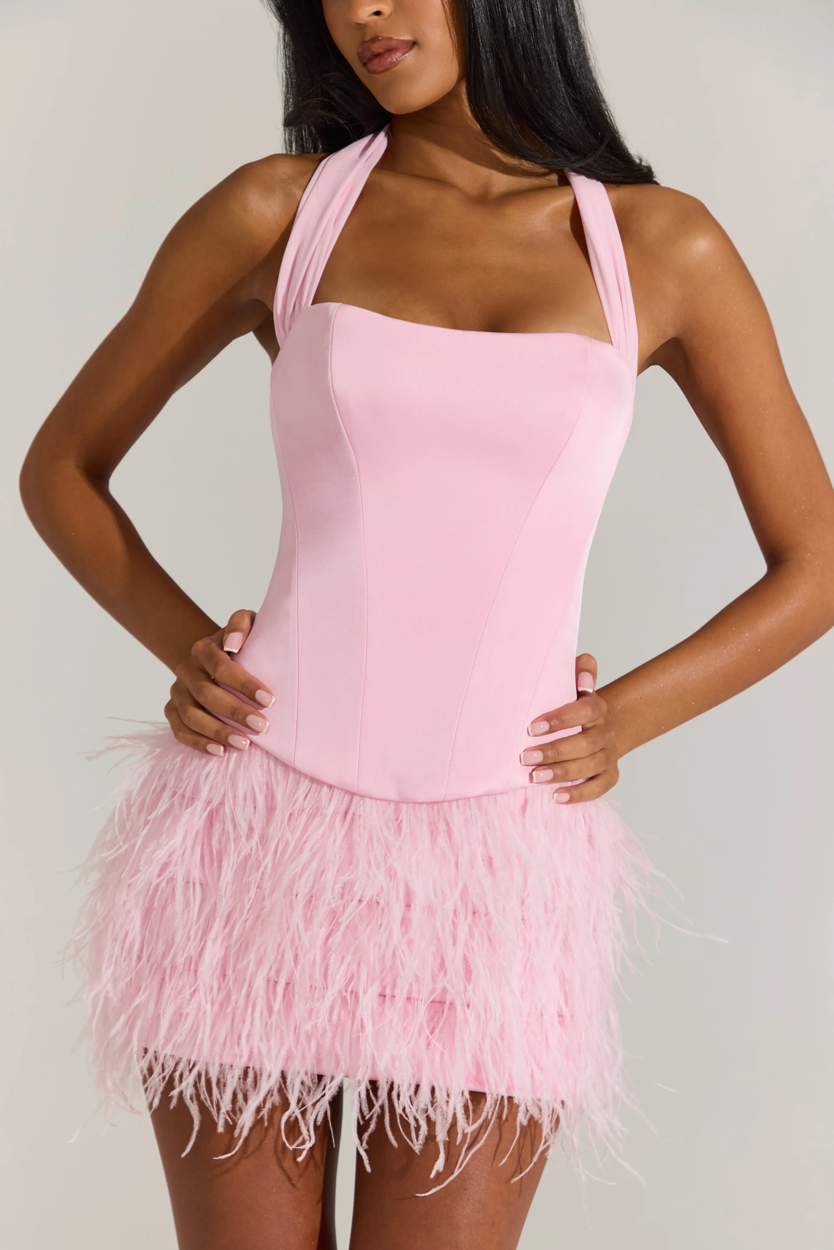 Satin Corset Feathered Mini Dress in Blossom Pink sold by Oh Polly product image thumbnail 4