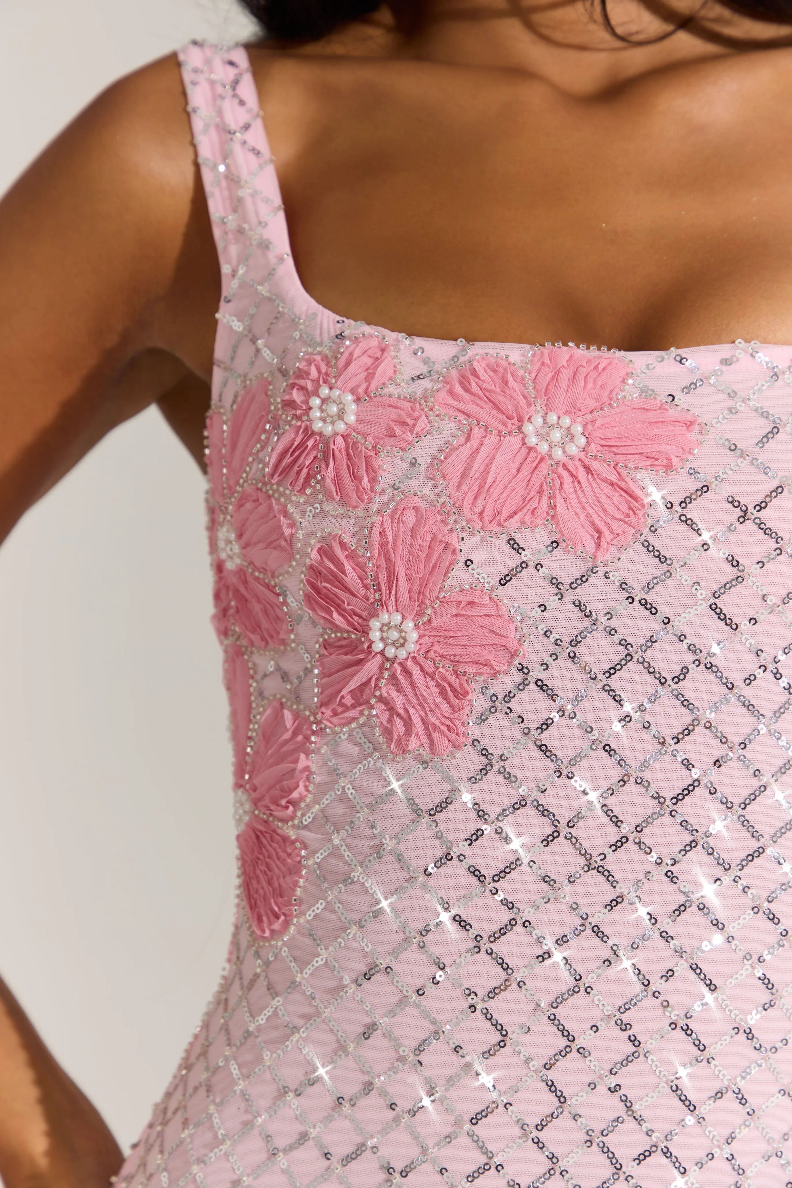 Embellished Square-Neck Mini Dress in Blossom Pink sold by Oh Polly product image thumbnail 5