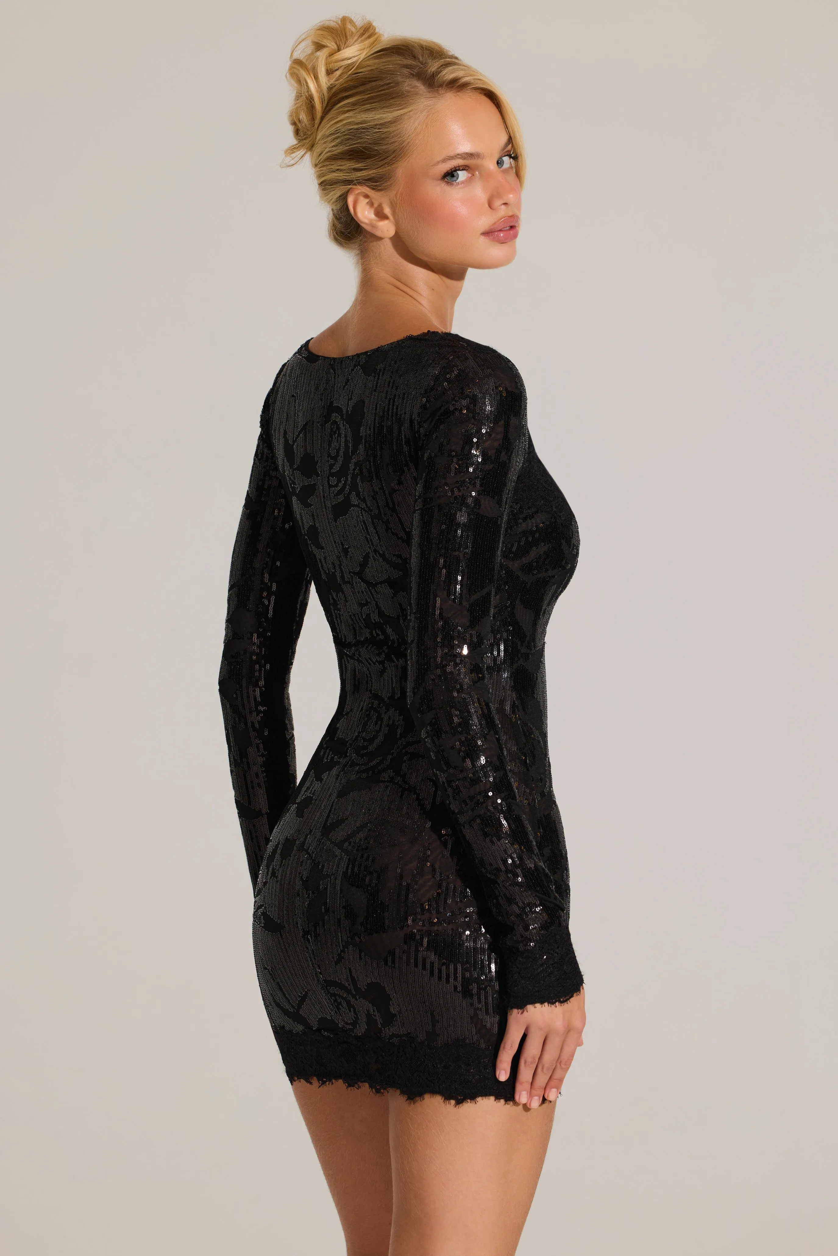 Embellished Lace-Trim Long-Sleeve Mini Dress in Black sold by Oh Polly product image thumbnail 2