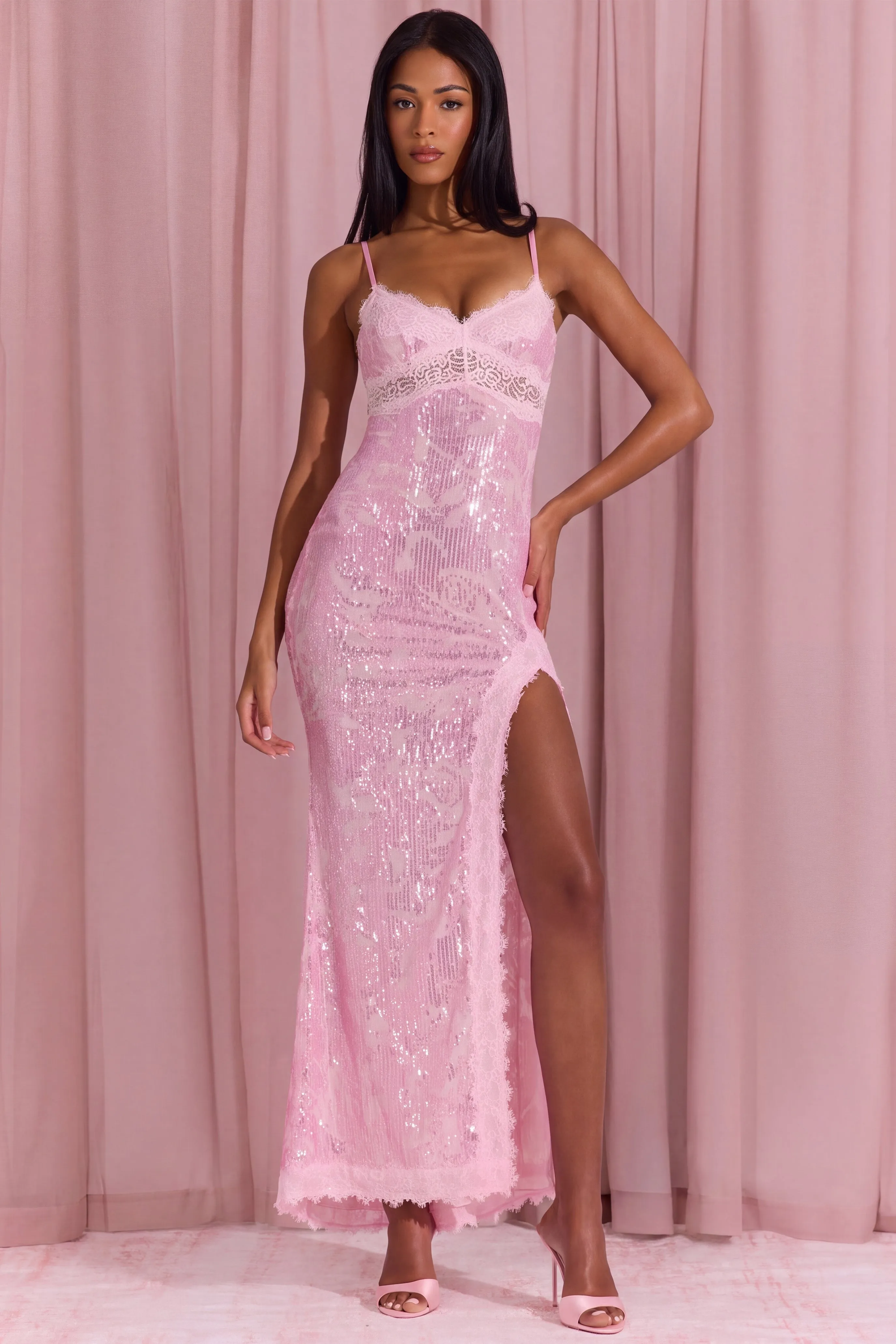 Embellished Lace-Trim Maxi Dress in Blossom Pink sold by Oh Polly
