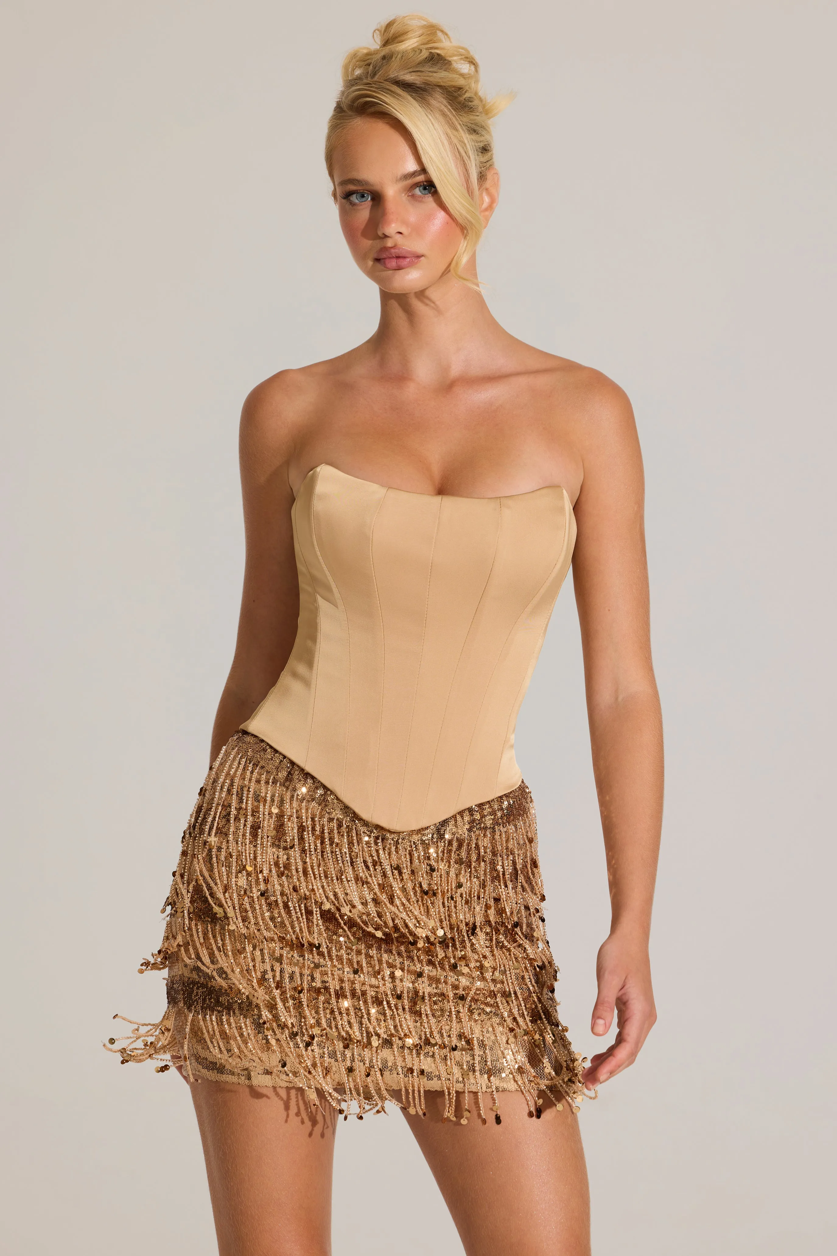 Satin Corset Fringed Mini Dress in Gold sold by Oh Polly product image thumbnail 5