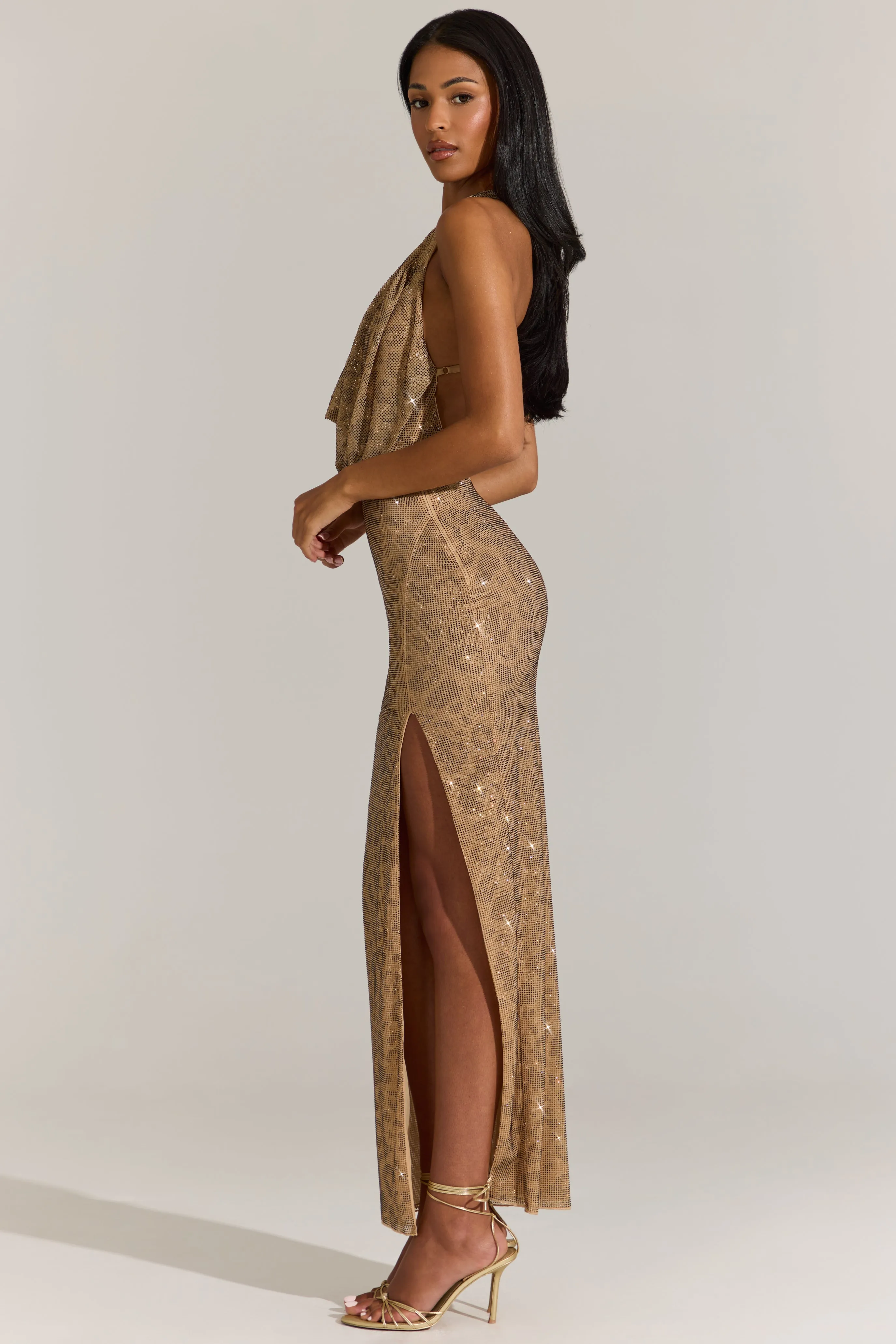Embellished Plunge Cowl Neck Maxi Dress in Gold Leopard sold by Oh Polly product image thumbnail 3