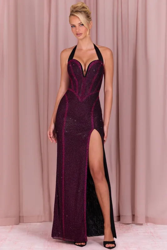 Embellished Halterneck Maxi Dress in Fuchsia Pink made by Oh Polly