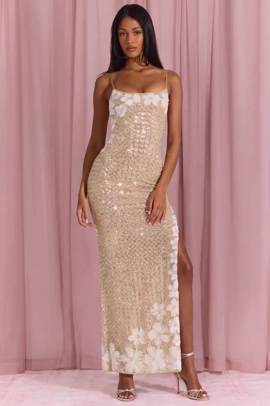 Embellished Square-Neck Maxi Dress in Gold made by Oh Polly