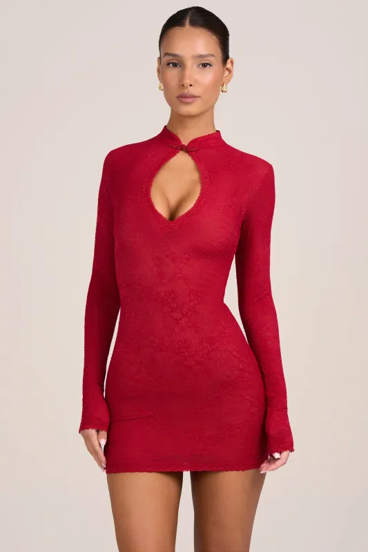 Lace Long-Sleeve Mini Dress in Fire Red made by Oh Polly