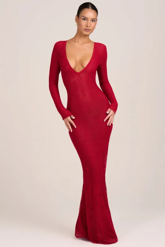 Lace Long-Sleeve Maxi Dress in Fire Red made by Oh Polly