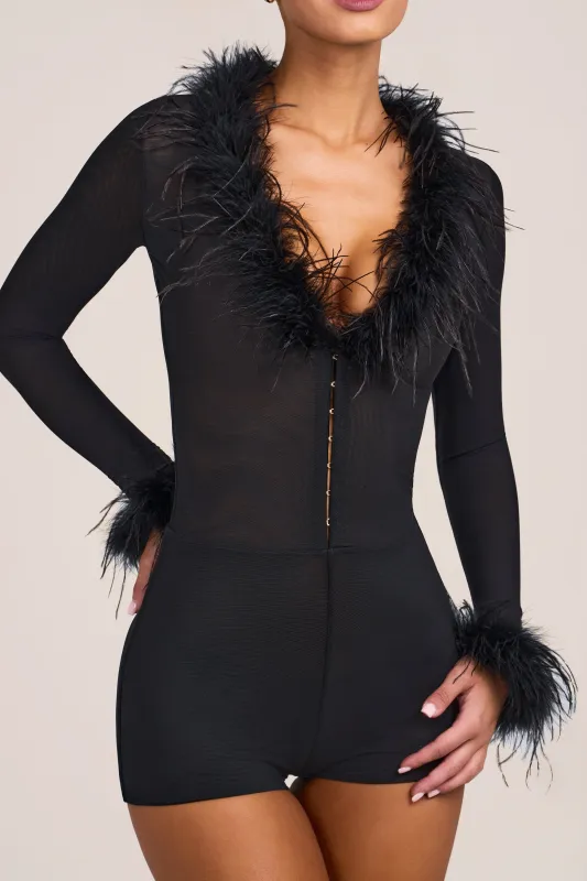 Feather-Trim Semi-Sheer Romper in Black made by Oh Polly