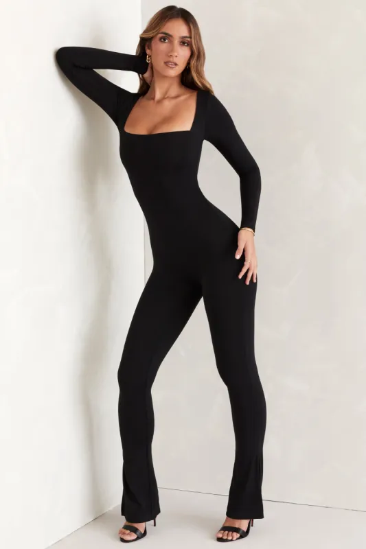 Tall Long Sleeve Square Neck Jumpsuit in Black sold by Oh Polly