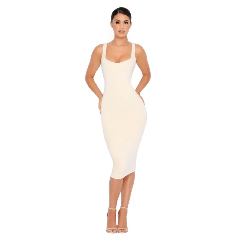True To Form Double Layered Midi Dress in Oyster White made by Oh Polly