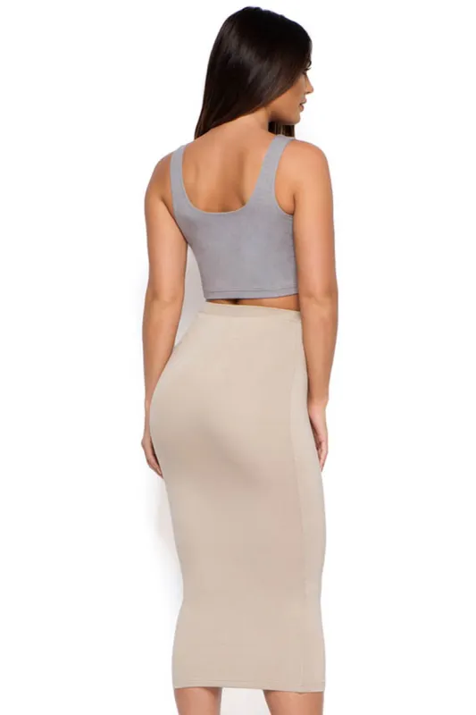 Behind The Curve High Waisted Midi Skirt in Stone sold by Oh Polly
