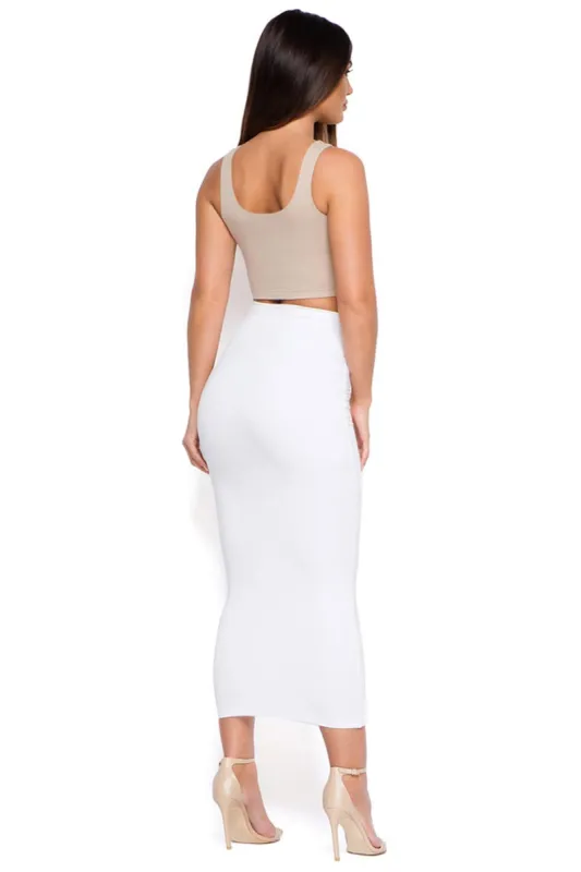 Behind The Curve High Waisted Midi Skirt in White sold by Oh Polly