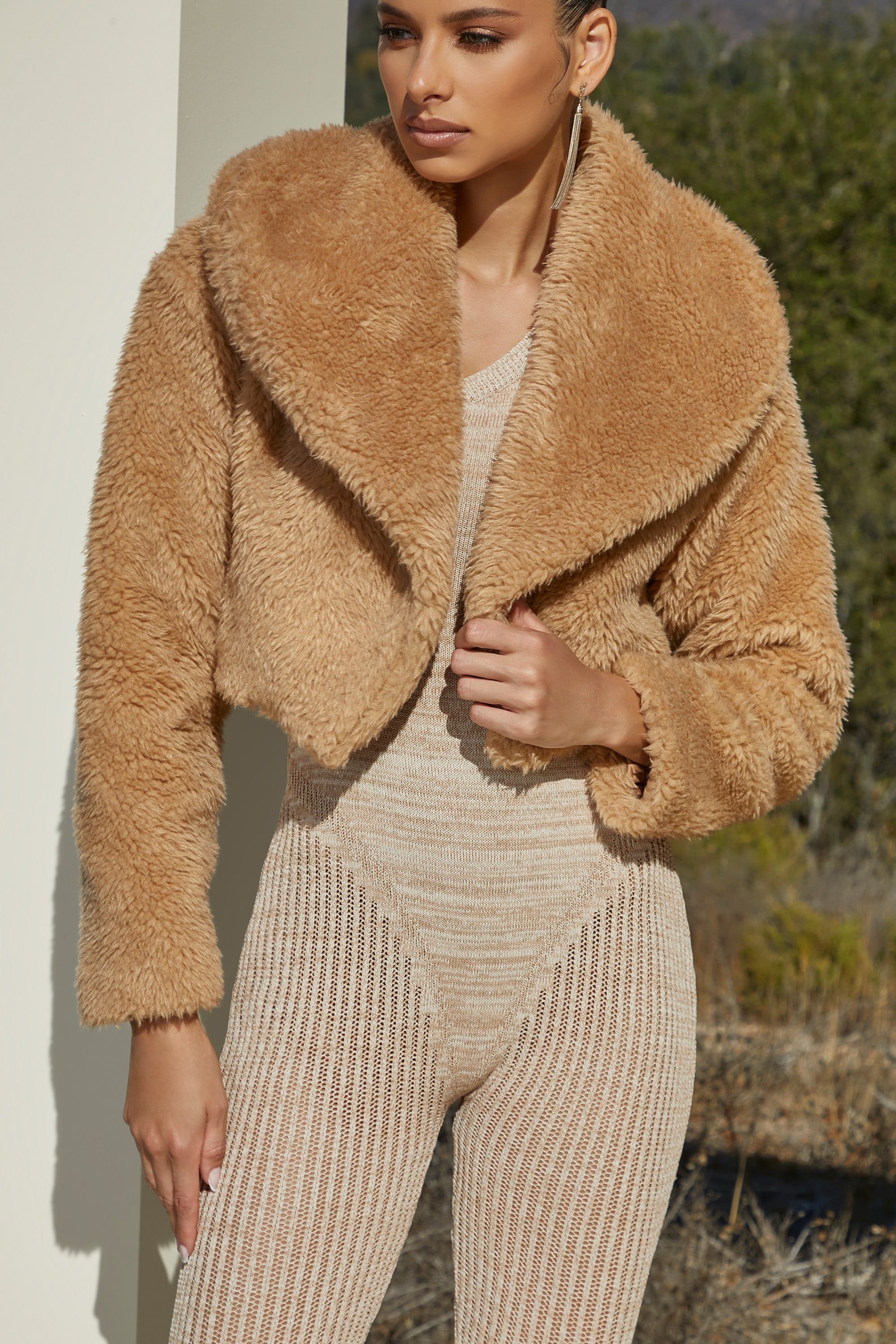 Cropped Oversized Collar Teddy Jacket in Tan sold by Oh Polly product image thumbnail 5