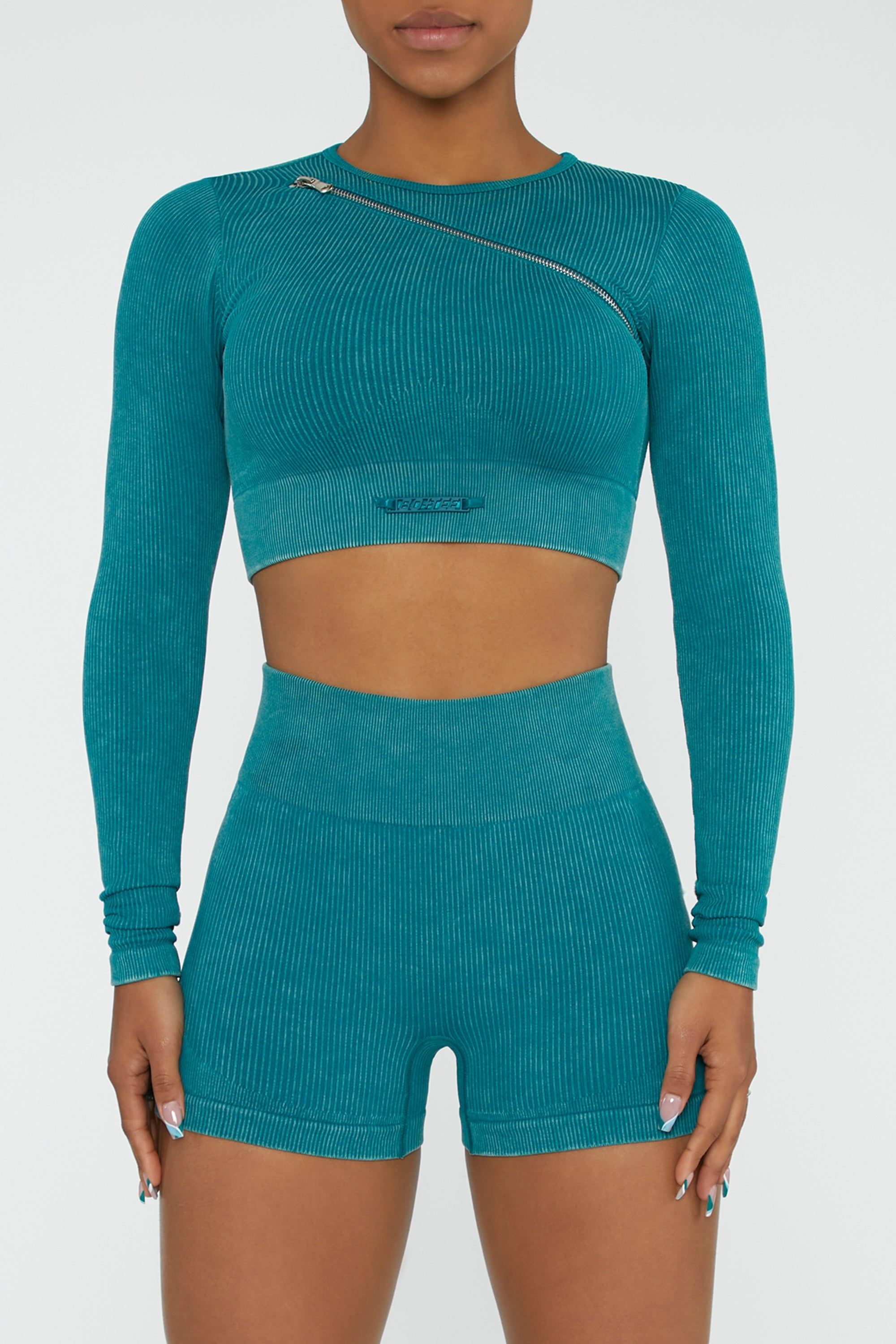 Long Sleeve High Neck Zip Crop Top in Teal sold by Oh Polly product image thumbnail 2