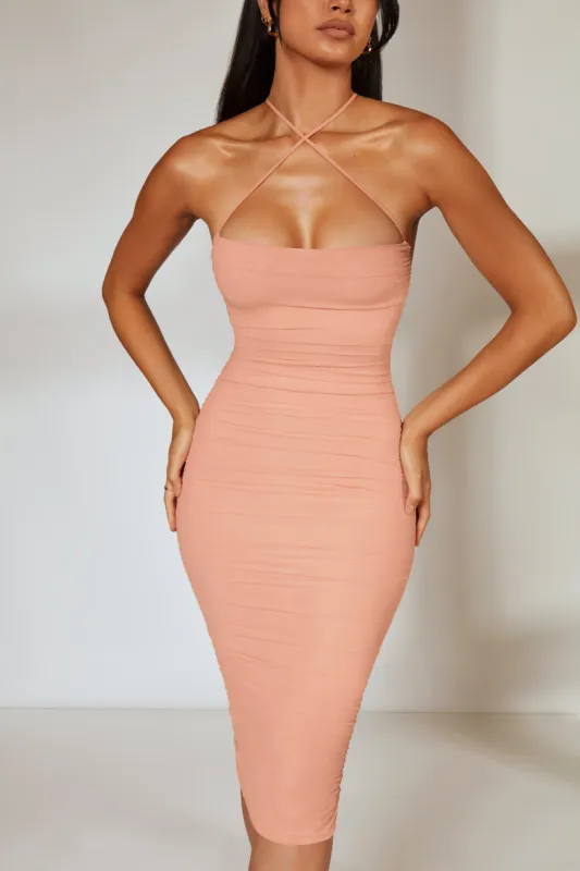 Front Cross Strap Ruched Midi Dress in Blush sold by Oh Polly